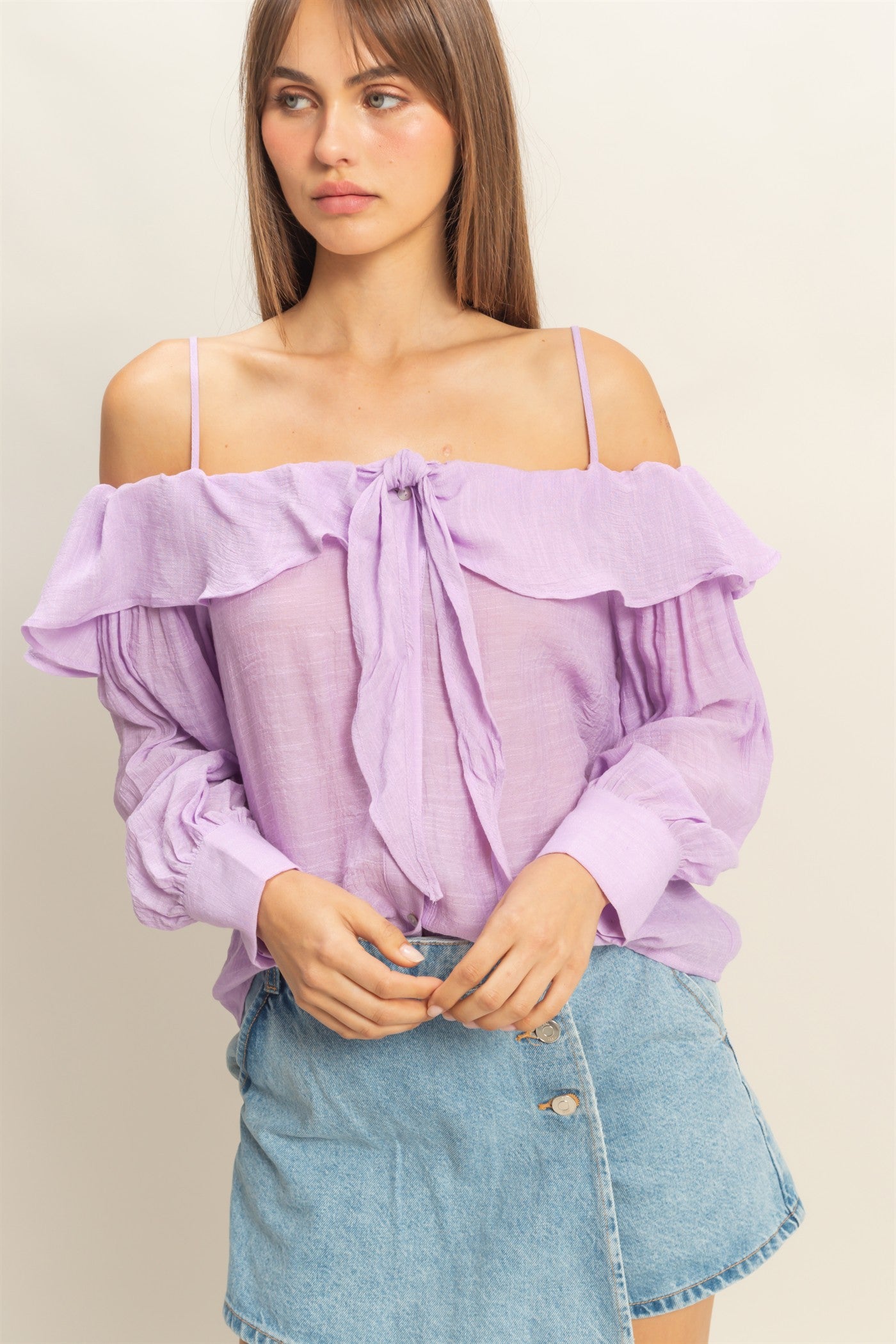 Wholesale Cold-Shoulder Ruffled Blouse Clothing Tops HF23C787 LAVENDER HYFVE