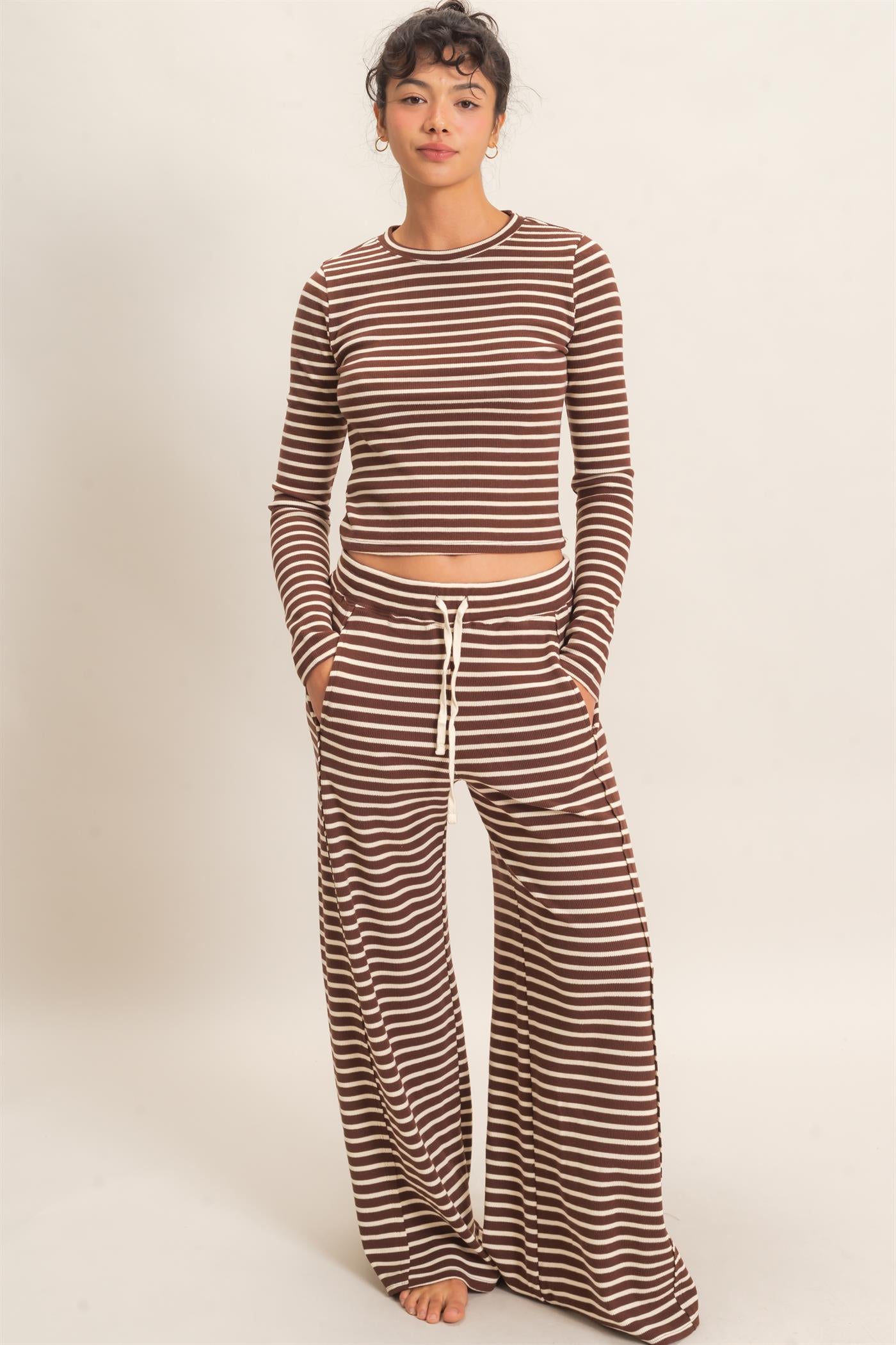 Wholesale Striped Waffle Long Sleeve Top & Pants Set Clothing DZ25F479-SET DARK BROWN DOUBLE ZERO