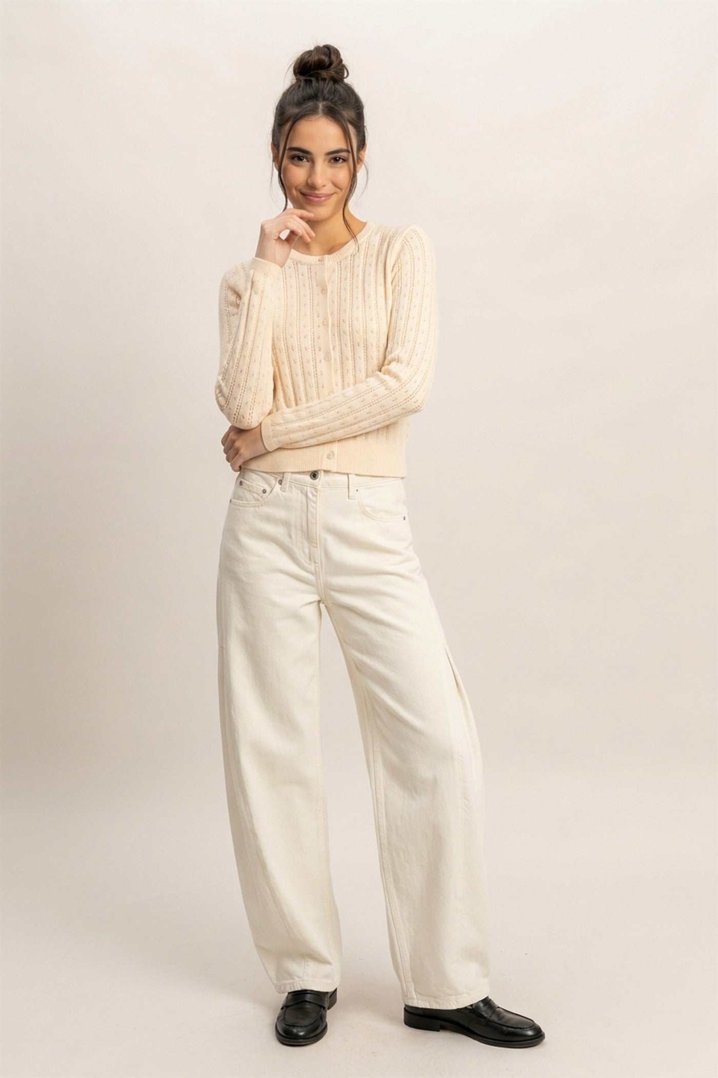 Wholesale Pointelle Button-Down Cardigan Cardigans DZ26E302 CREAM DOUBLE ZERO
