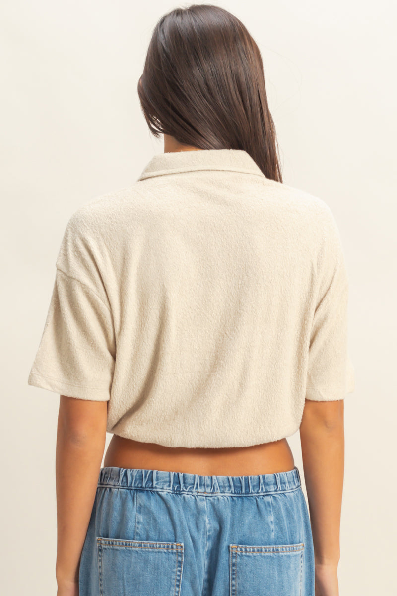 Wholesale Collared Short Sleeve Crop Top Clothing Tops DZ22A477 KHAKI DOUBLE ZERO