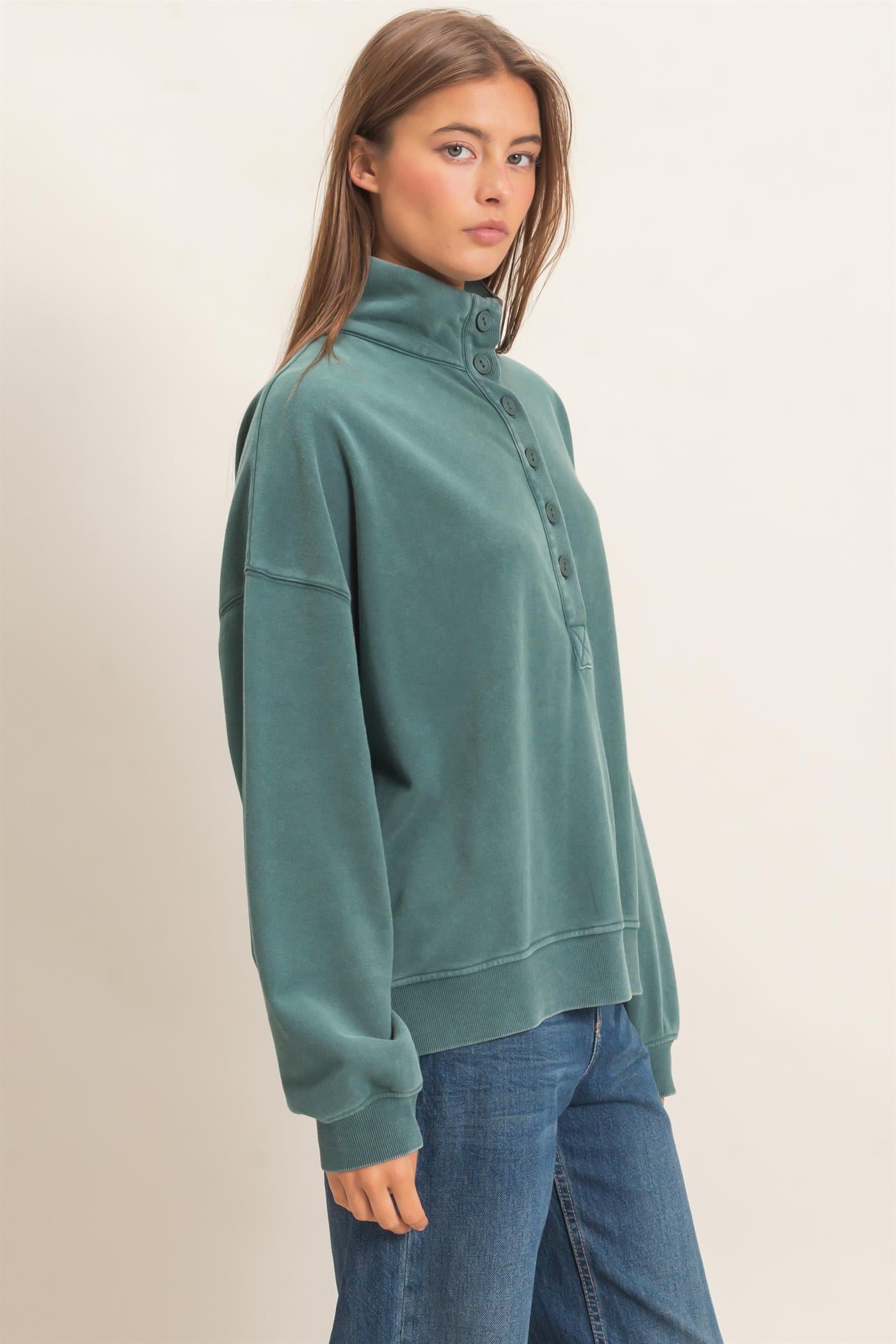 Wholesale Mineral Wash Button Front Sweatshirt Sweatshirts DZ26C909 DARK GREEN DOUBLE ZERO