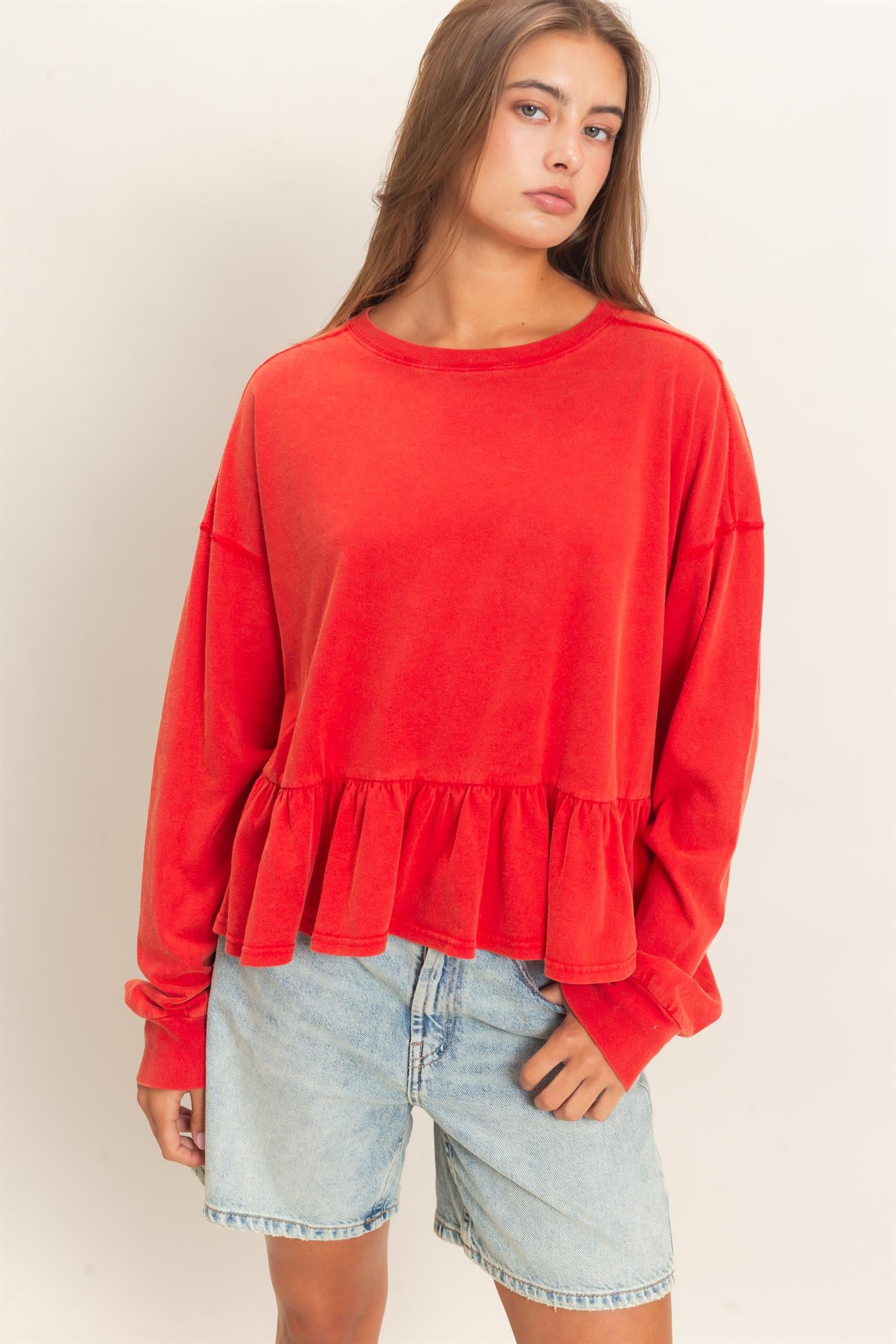 Wholesale Peplum Long Sleeve Top Clothing Tops DZ26F397 RED DOUBLE ZERO