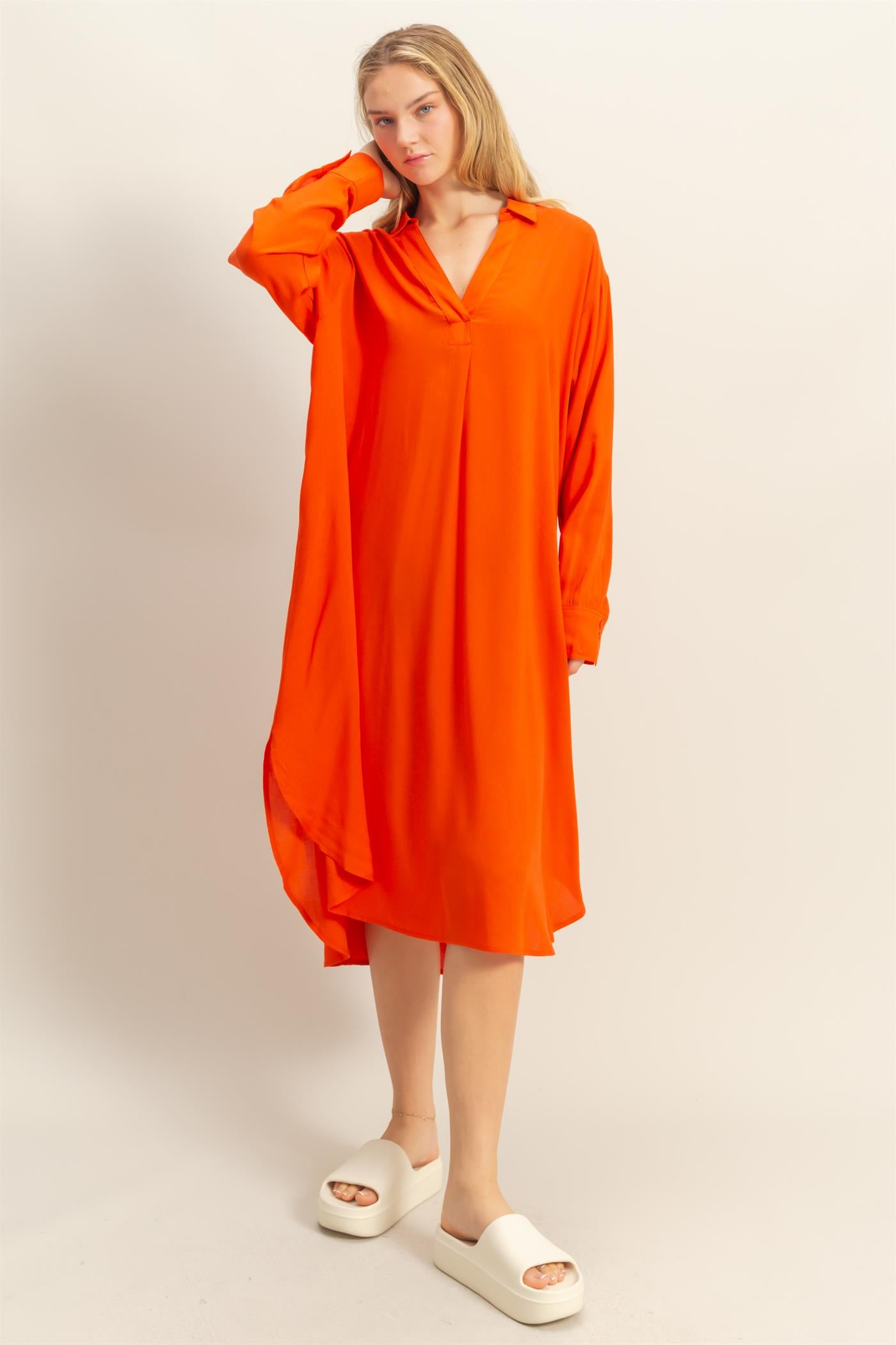 Wholesale V-Neck Long Sleeved Midi Shirts Dress Dresses DZ24E706 TOMATO DOUBLE ZERO