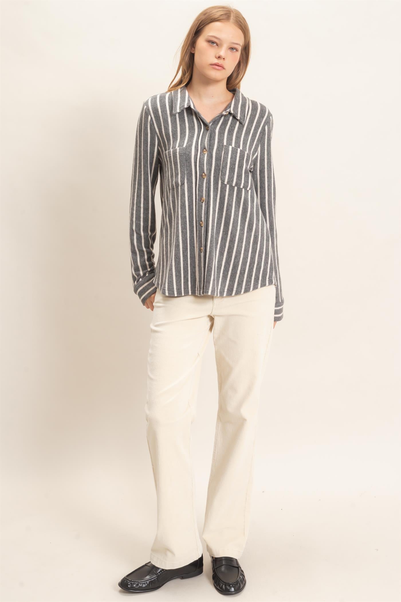 Wholesale Striped Button-Up Knit Shirt Clothing Tops HF26E189 GRAY HYFVE