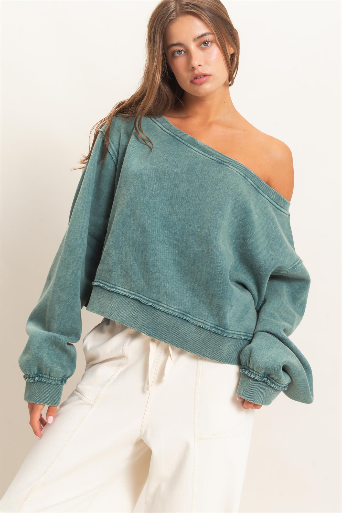 Wholesale Raw Edge Acid Wash Off The Shoulder Sweatshirt Sweatshirts DZ26F013 DARK TEAL DOUBLE ZERO