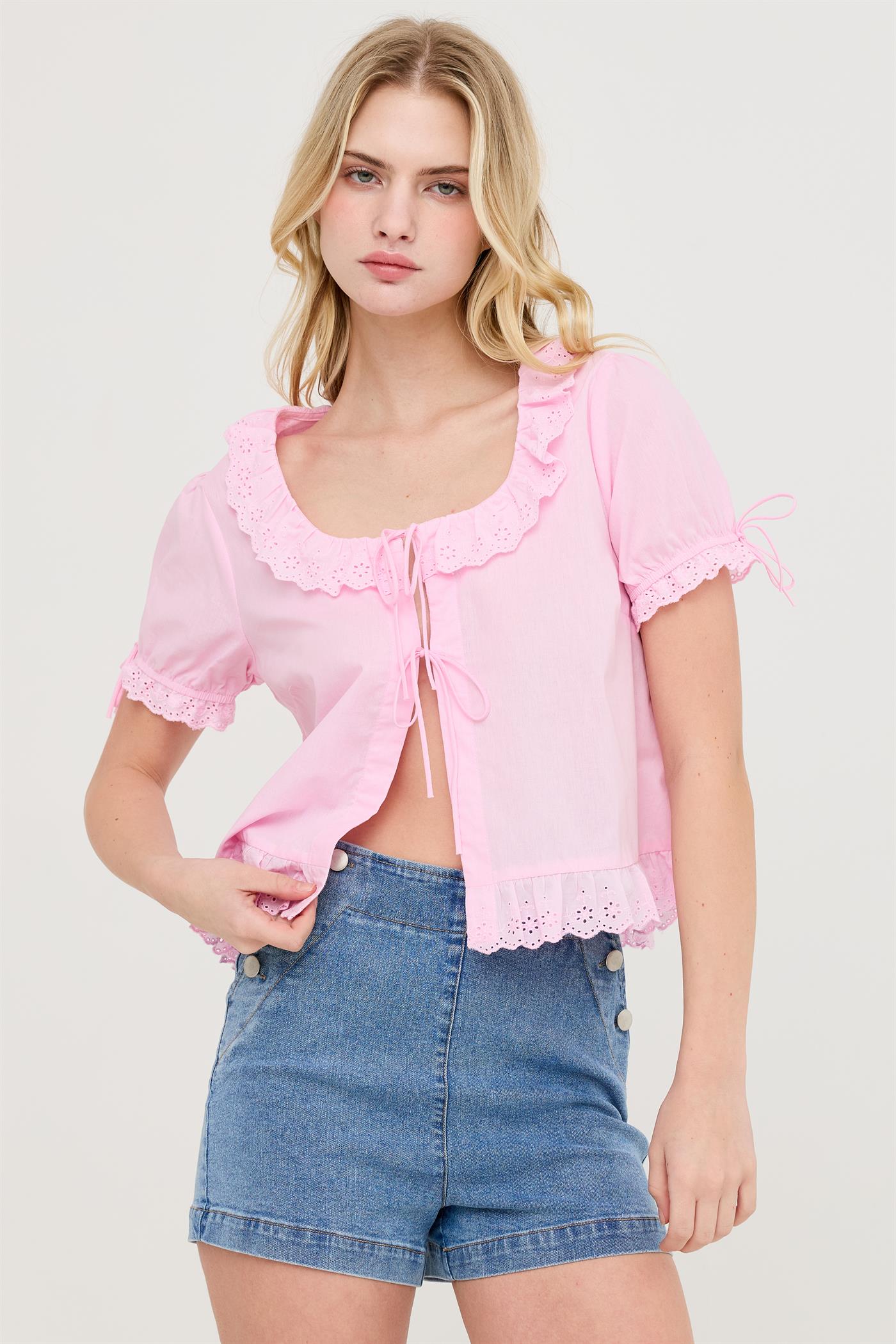 Wholesale Lace Trim Peasant Top Blouses HF26C137 PINK HYFVE