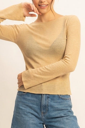 Wholesale Ribbed Long Sleeve Top Clothing Tops DZ24C196 SAND DOUBLE ZERO