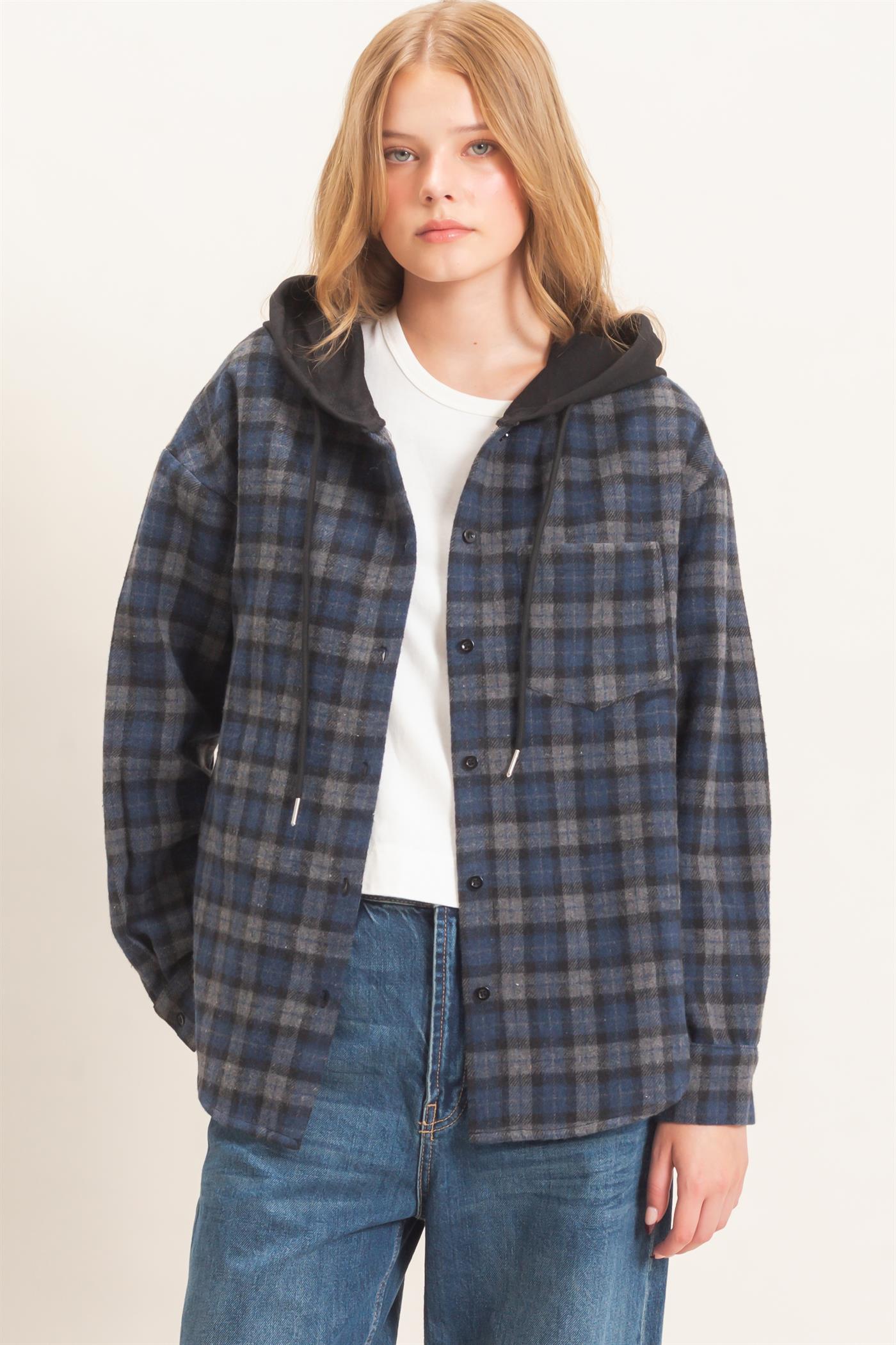 Wholesale Hooded Plaid Button-Up Shirt Shirts HF26F018 NAVY HYFVE