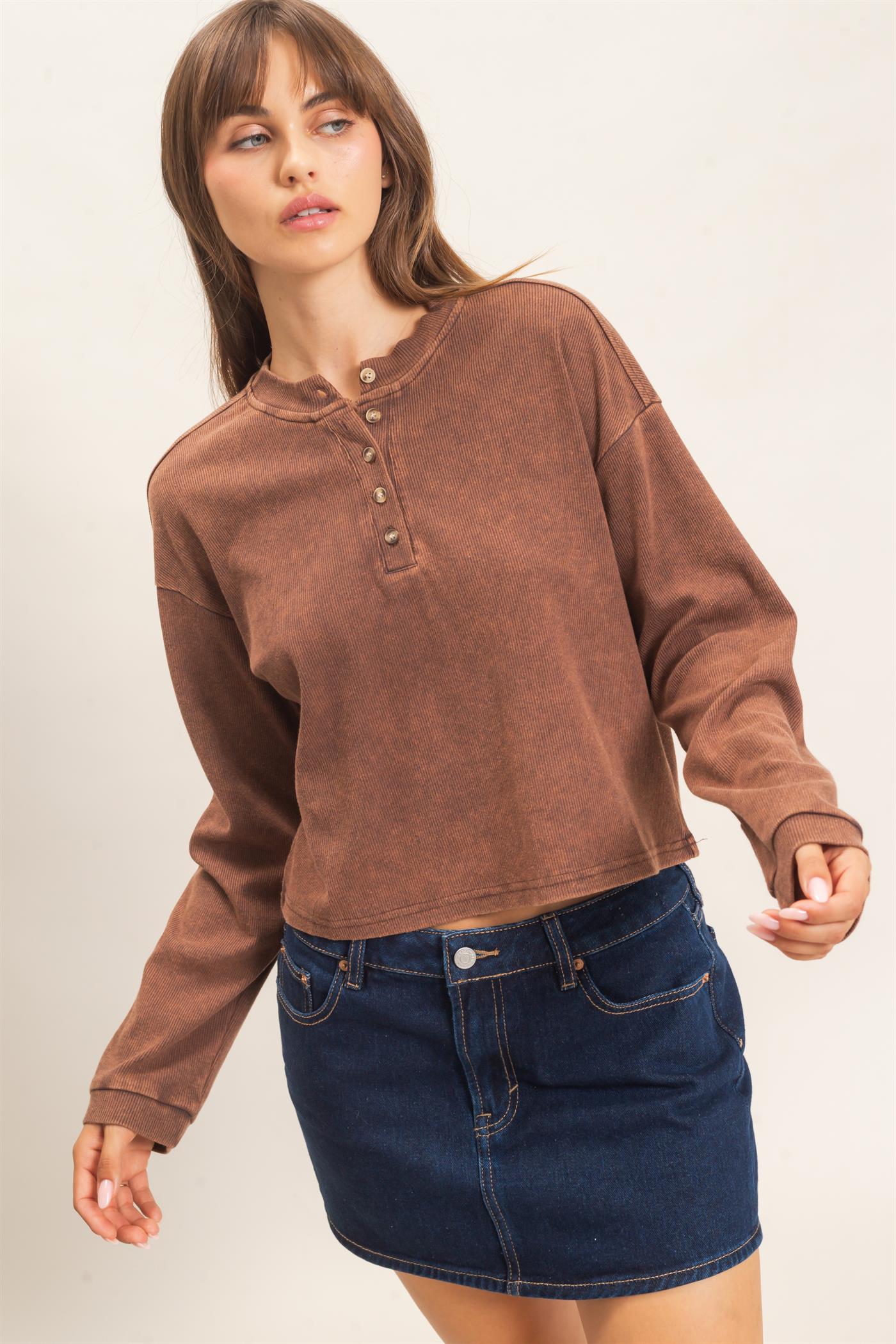 Wholesale Buttoned Henley Top Clothing Tops HF26F081 BROWN HYFVE