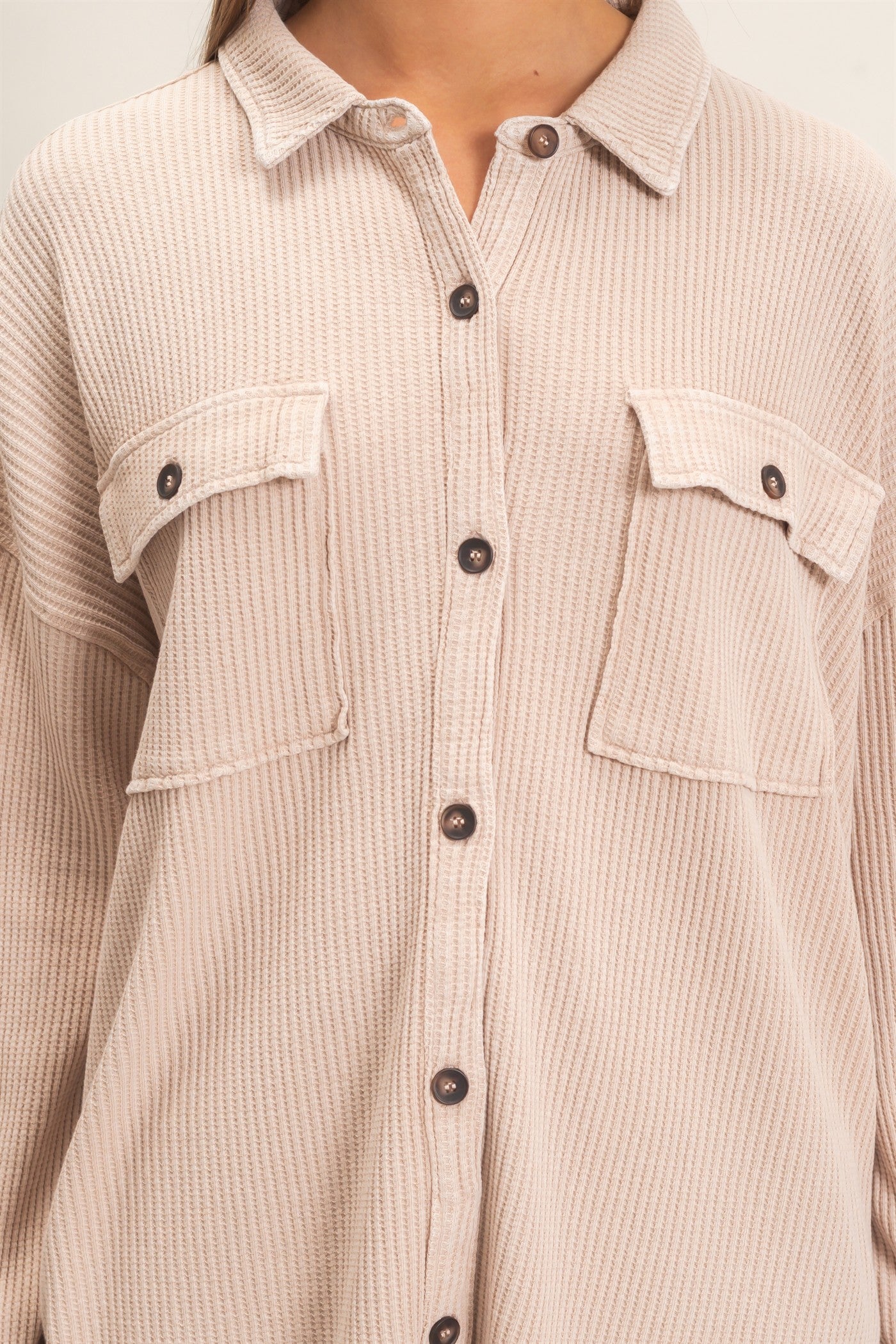 Wholesale Mineral Wash Waffle Knit Button-Up Shacket Coats & Jackets DZ26E249 DARK TAUPE DOUBLE ZERO