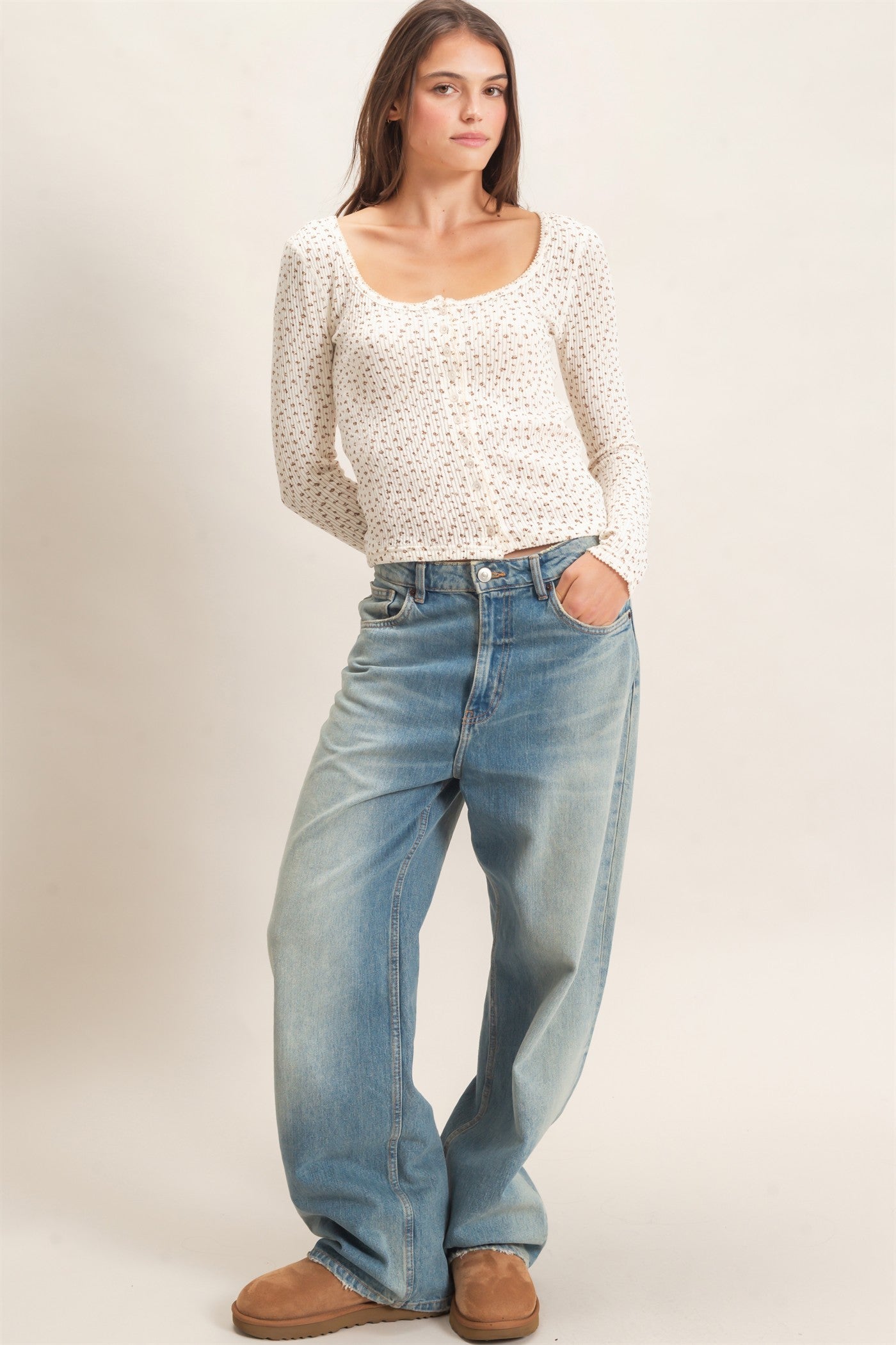 Wholesale Square Neck Button-Up Top Clothing Tops HF26E675 CREAM HYFVE