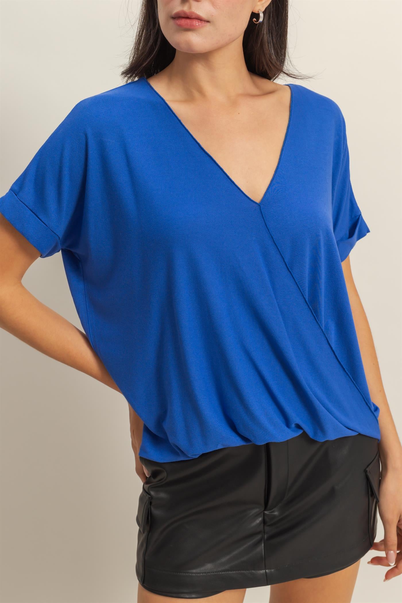 Wholesale Short Sleeve Surplice Top Clothing Tops DZ25E289 COBALT DOUBLE ZERO