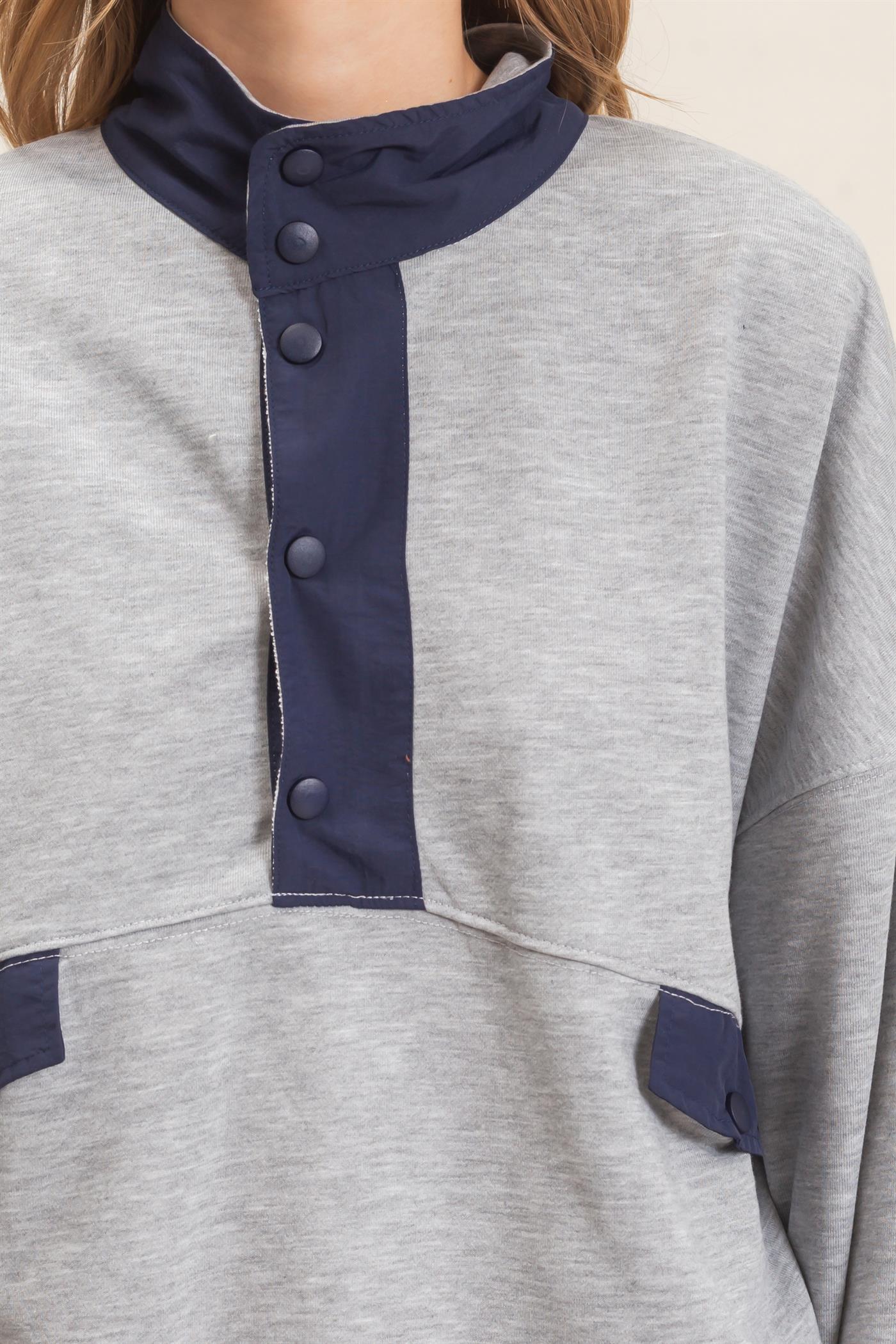 Wholesale Contrast Button-Up Collar Top Clothing Tops HF26C875 HEATHER GRAY HYFVE