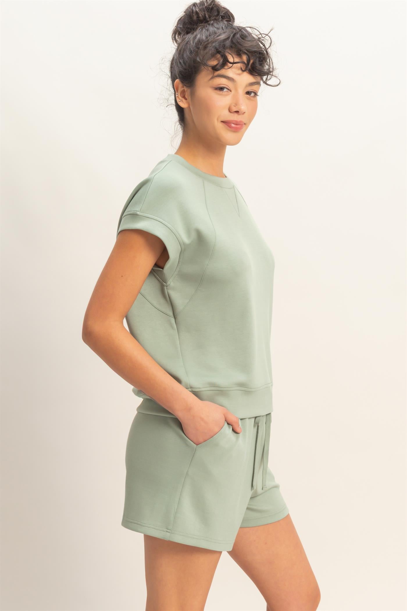 Wholesale Crew Neck Sleeveless Top And Shorts Set Clothing DZ26C575-SET SAGE GREEN DOUBLE ZERO