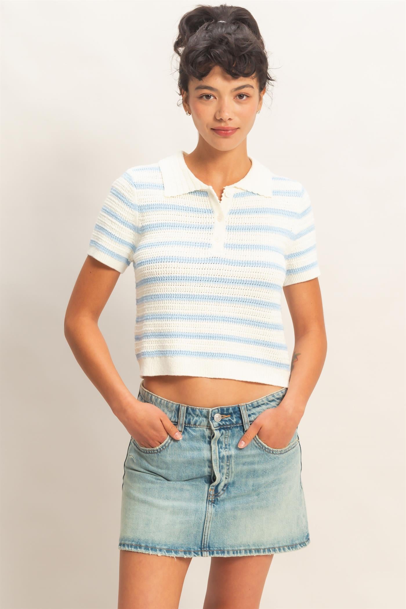 Wholesale Short Sleeve Striped Knit Polo Clothing Tops DZ26A603 ICE BLUE DOUBLE ZERO