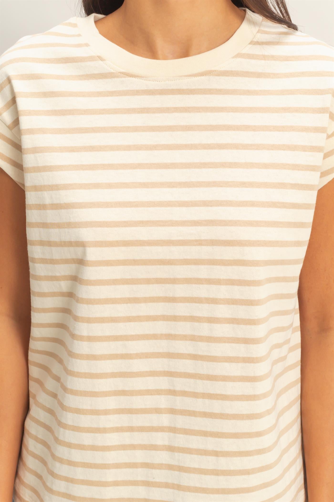 Wholesale Striped Cap Sleeve Relaxed Everyday Tee Clothing Tops DZ26C059 TAUPE DOUBLE ZERO