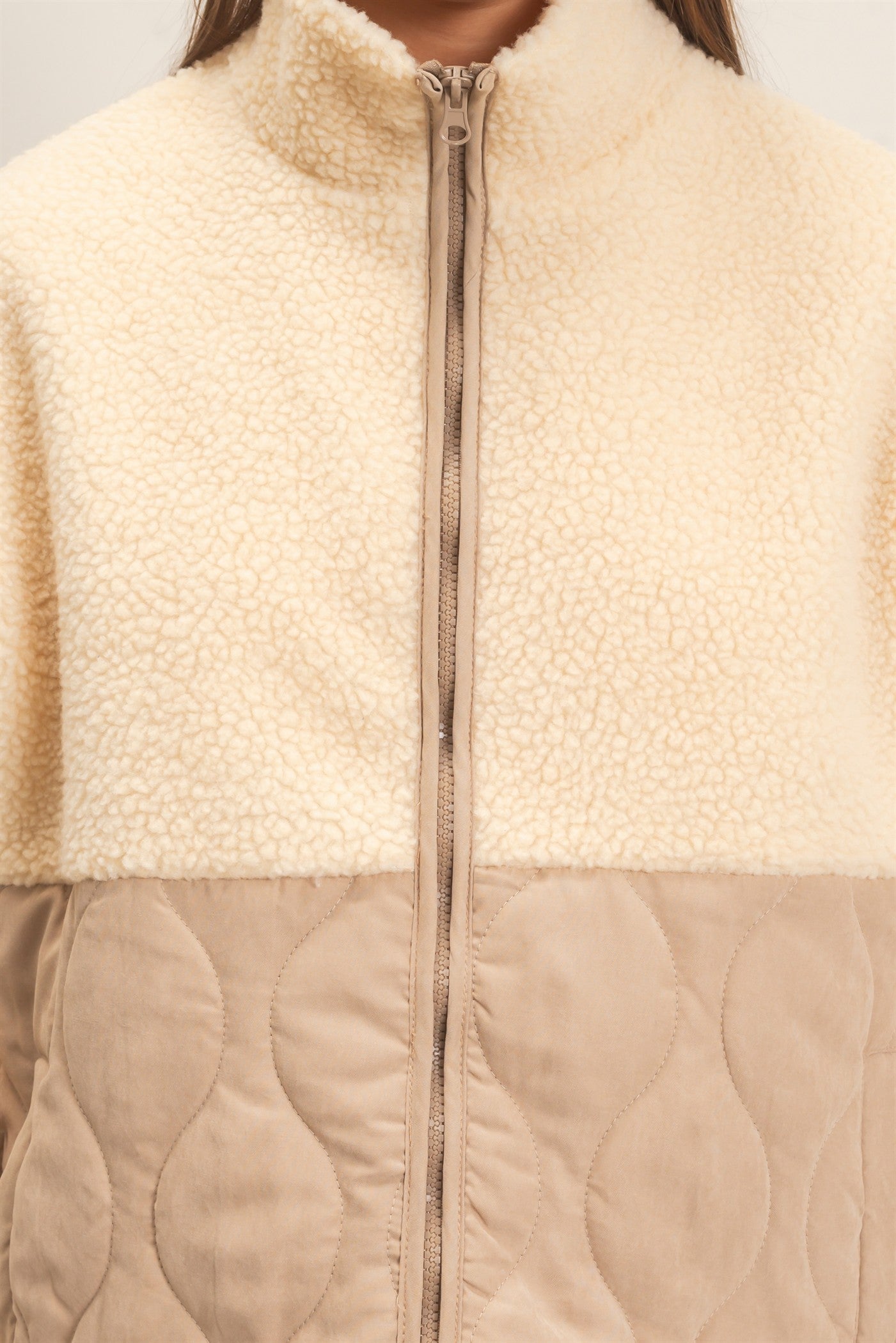 Wholesale Quilted Sherpa Zip Up Jacket Coats & Jackets DZ26F259 TAUPE DOUBLE ZERO