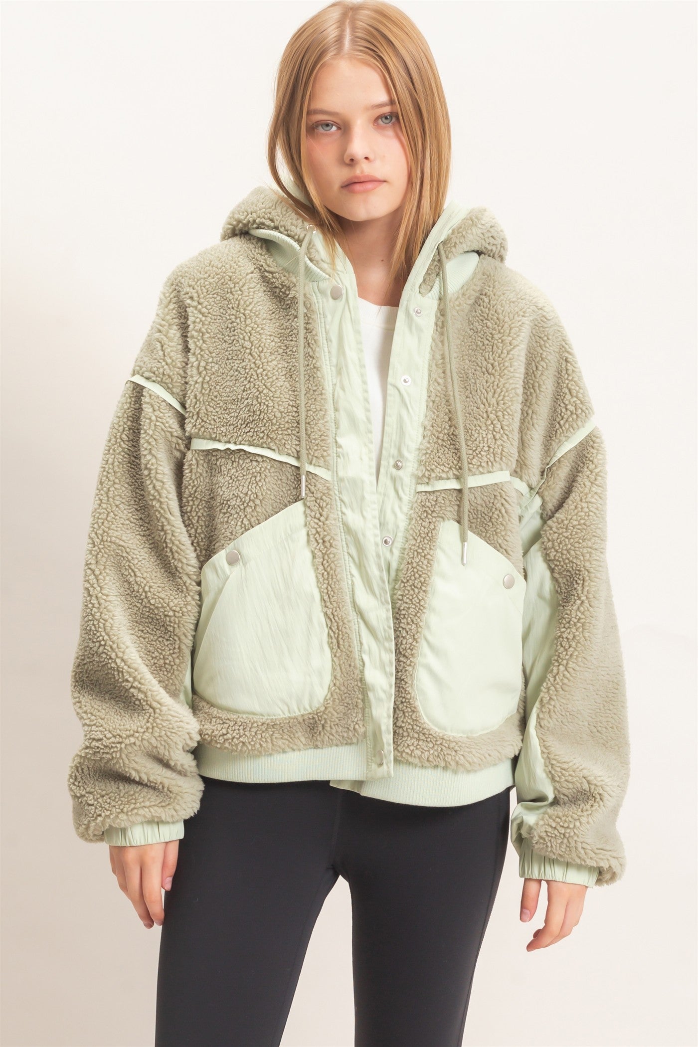 Wholesale Contrast Panel Sherpa Hooded Jacket Hoodies HF26E989 SAGE GREEN HYFVE