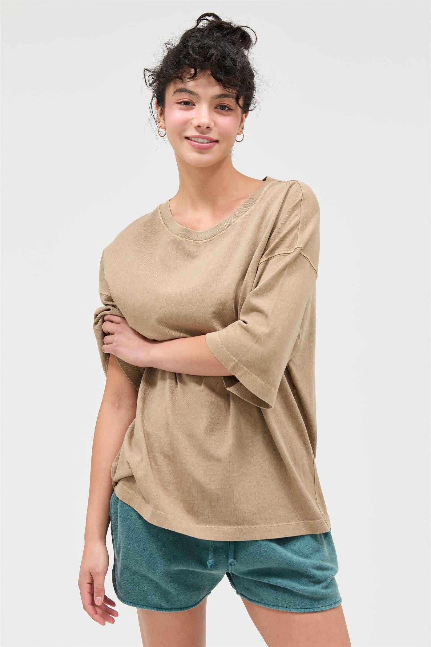 Wholesale Pigment Dye Oversized Half-Sleeve T-Shirt Clothing Tops DZ26A459 MOCHA DOUBLE ZERO