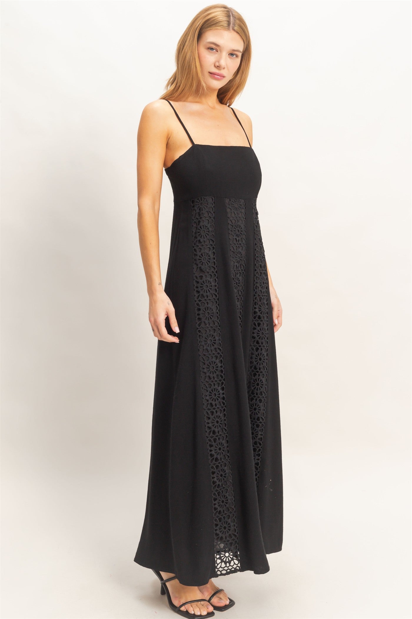 Wholesale Woven Lace Trim Maxi Dress Dresses HF26A498 BLACK HYFVE