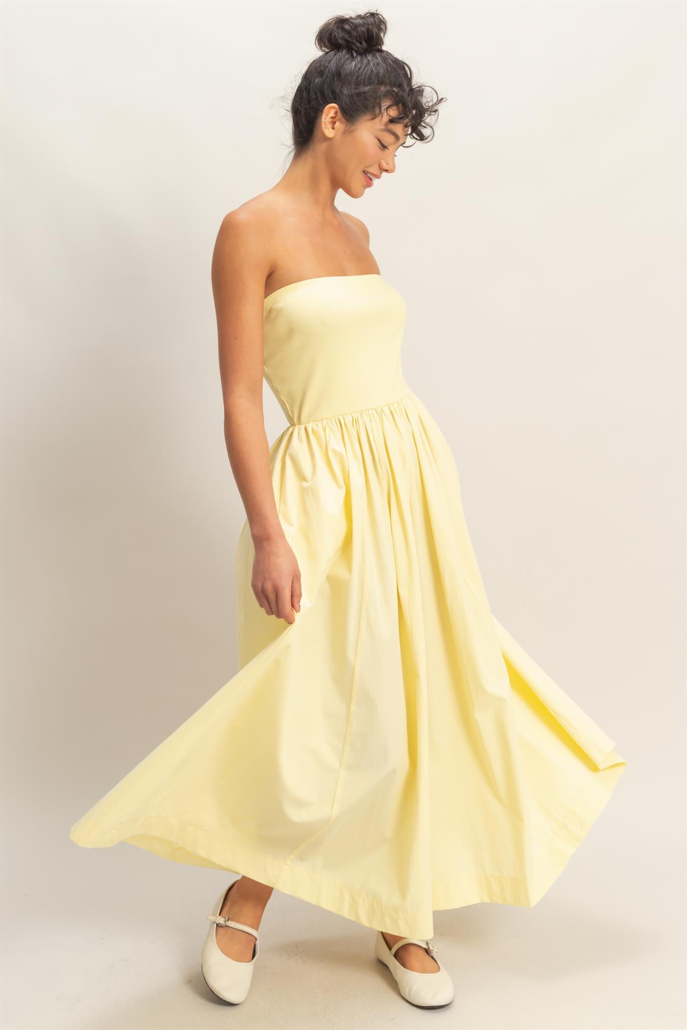 Wholesale Strapless Flowy Midi Dress Dresses DZ26A744 PALE YELLOW DOUBLE ZERO