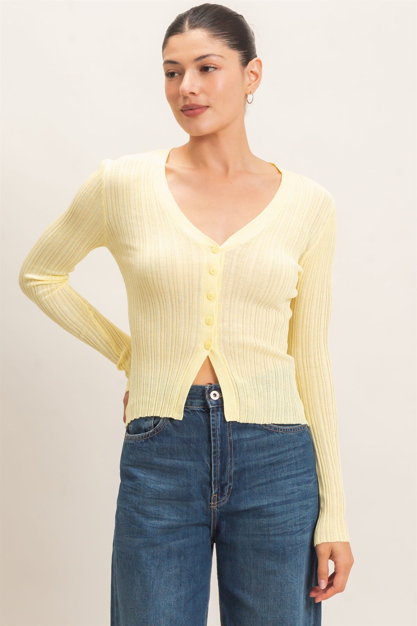 Wholesale Ribbed V-Neck Cardigan Cardigans HF26E154 PASTAL YELLOW HYFVE