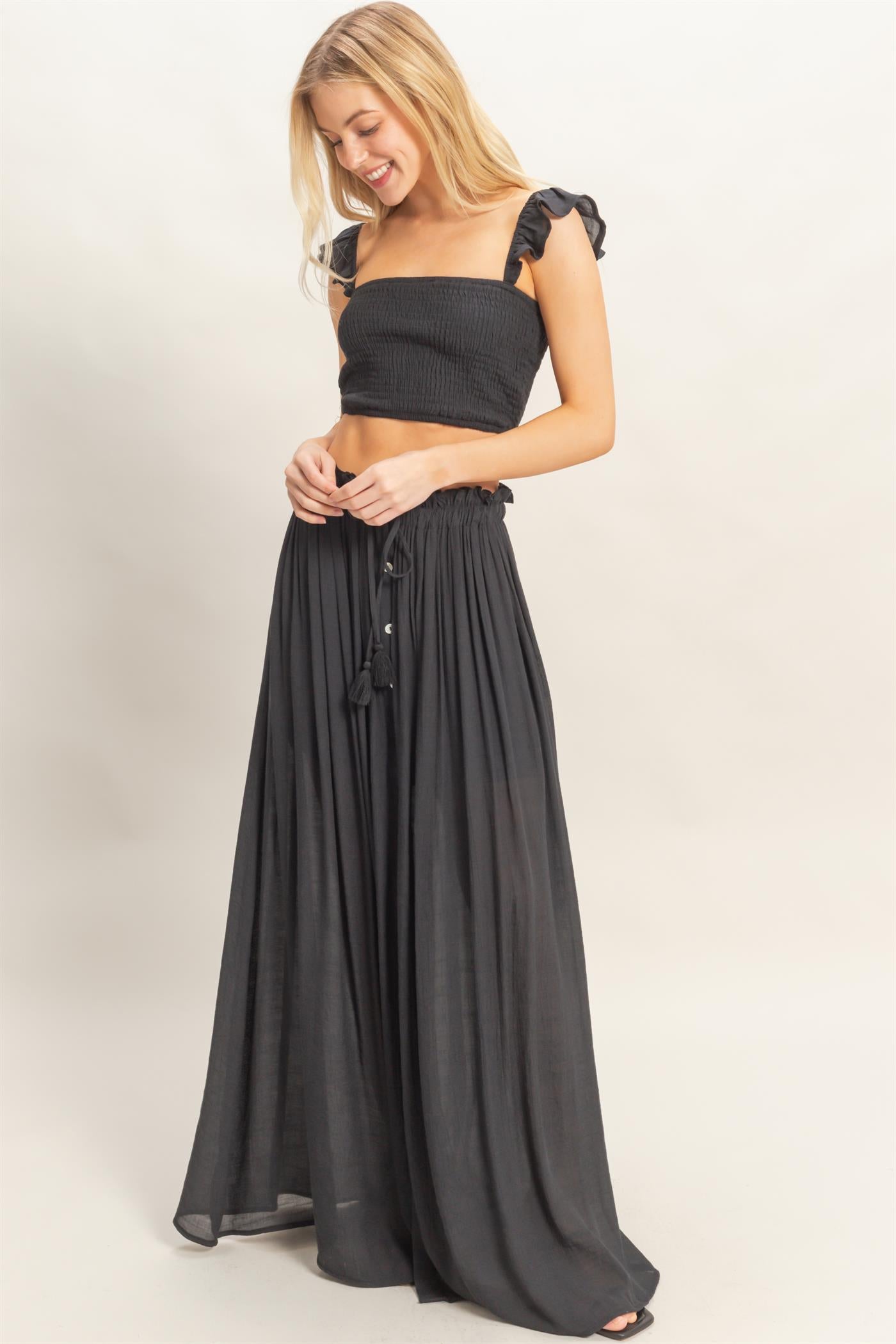 Wholesale Smocked Top & Maxi Skirt Set Clothing HF26C292-SET-D BLACK HYFVE