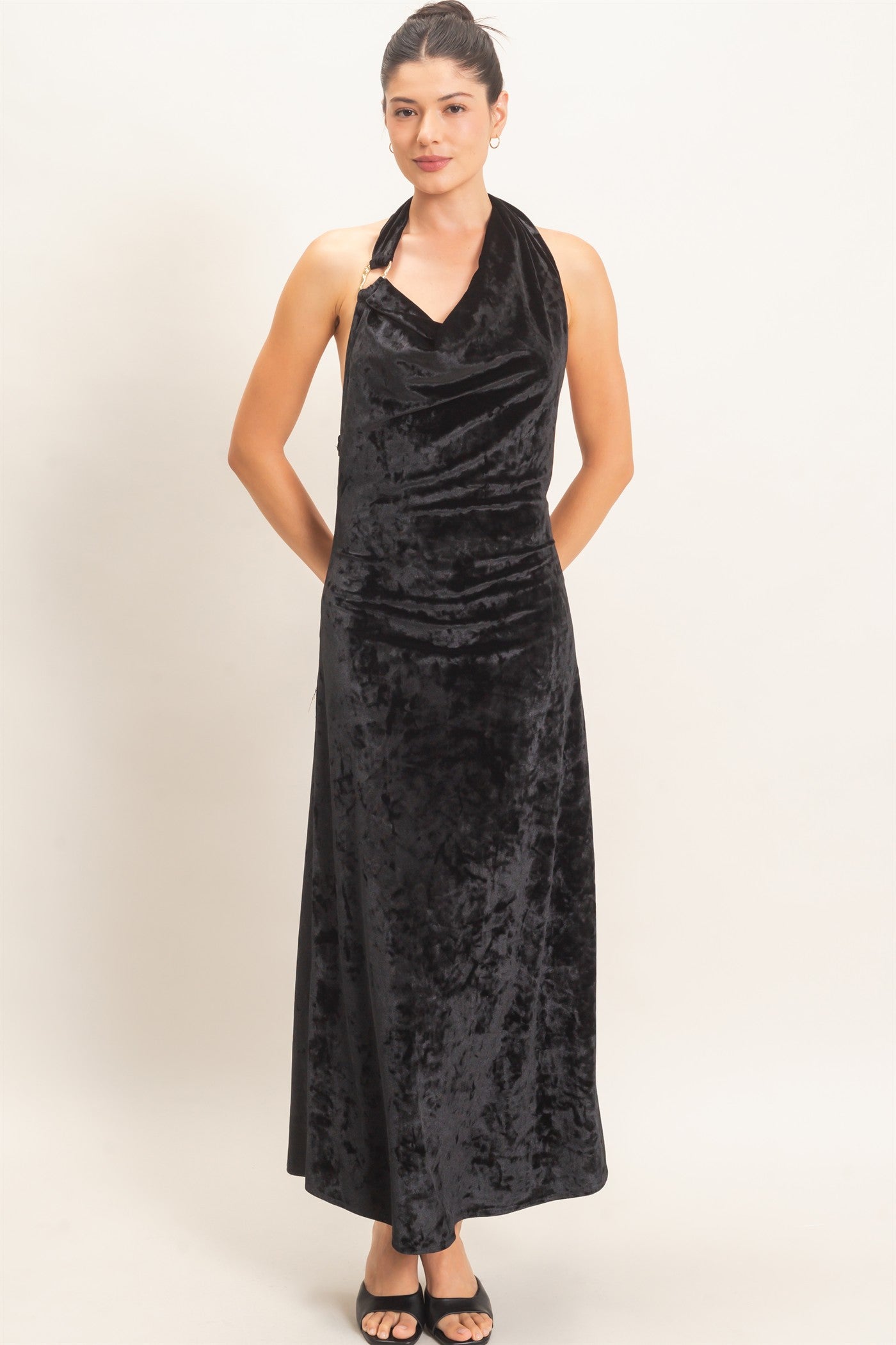 Wholesale Velvet Cowl Neck Halter Dress Dresses HF26F178 BLACK HYFVE