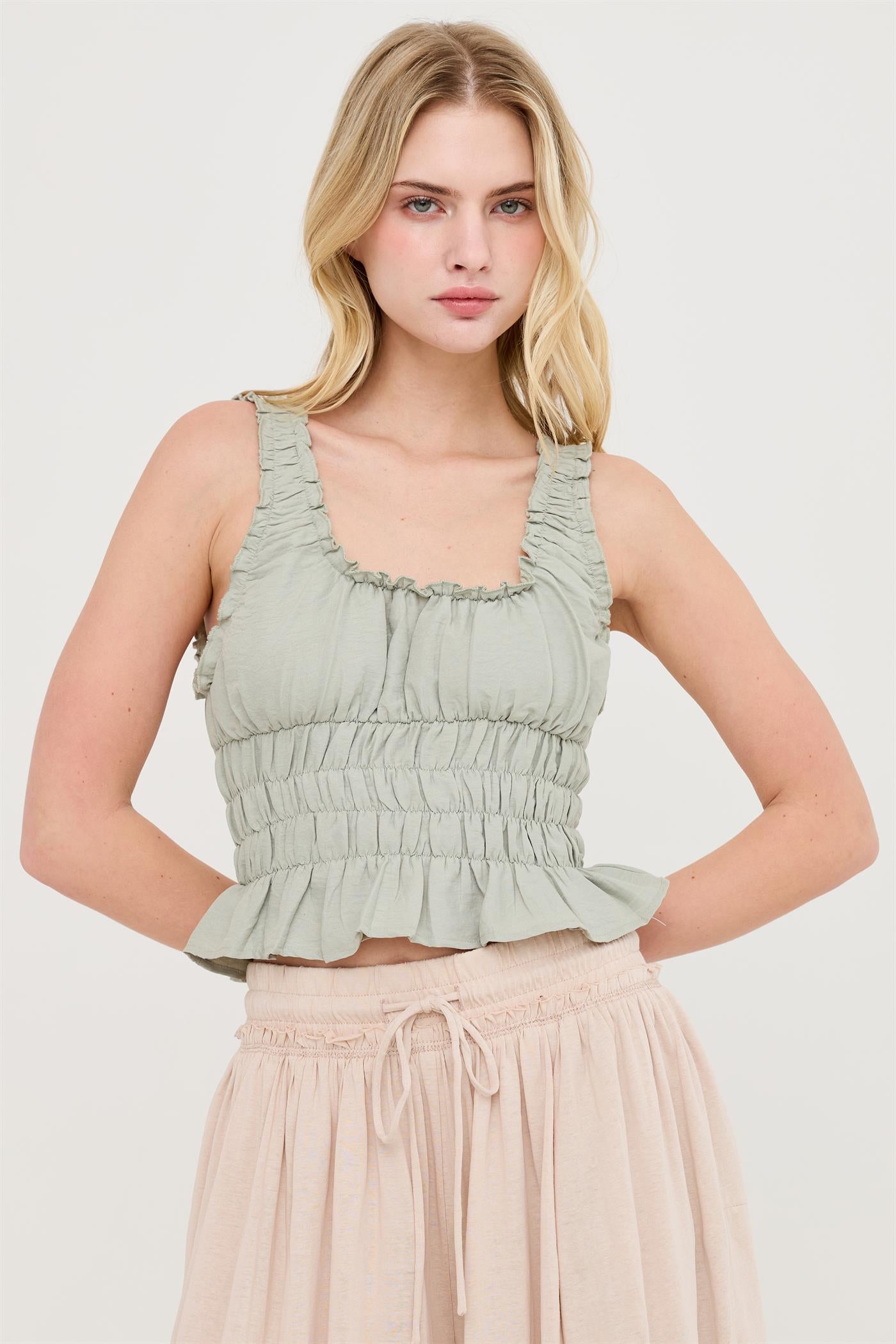 Wholesale Ruched Square Neck Smocked Top Clothing Tops HF26E388-D SAGE HYFVE