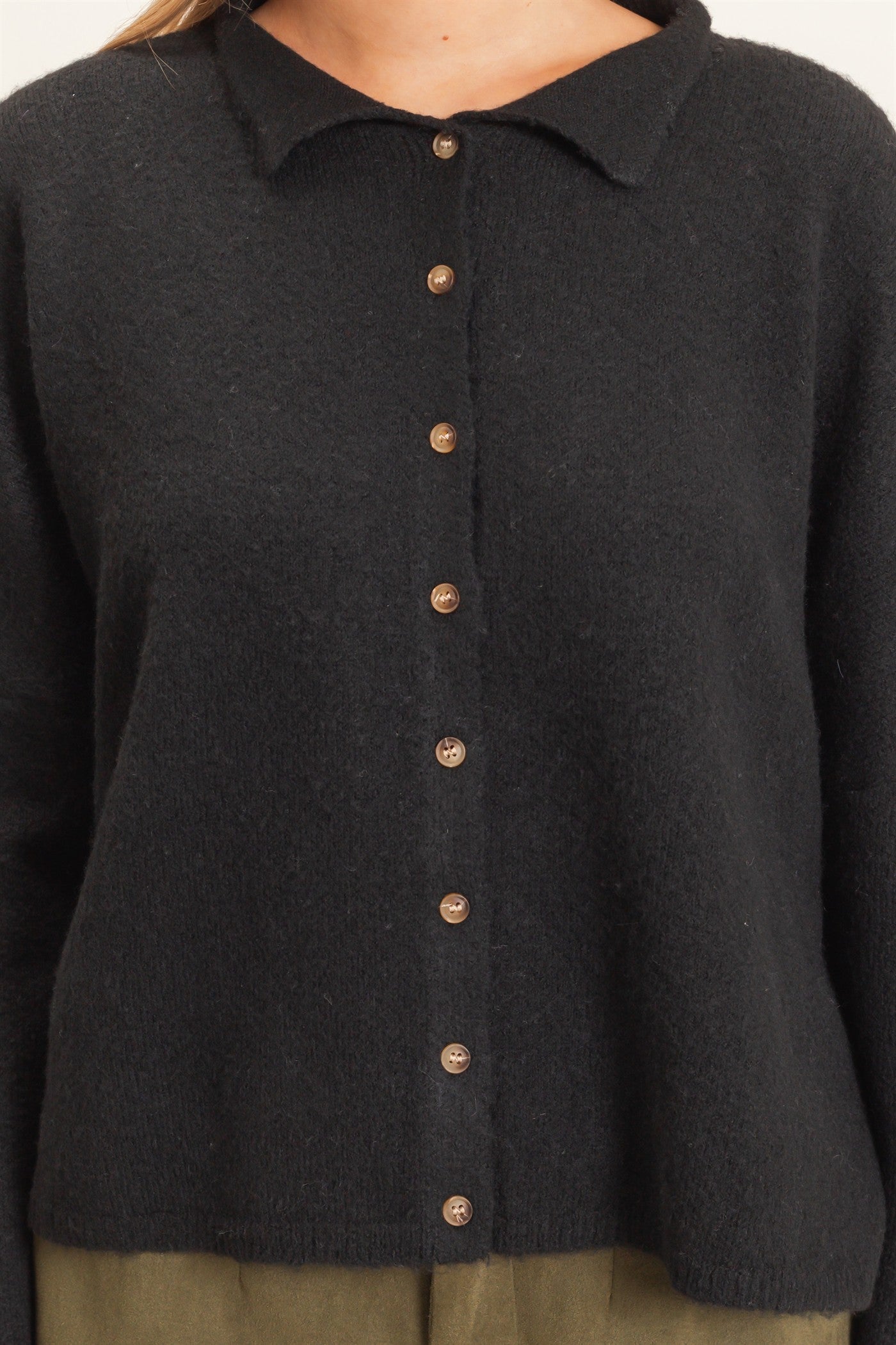 Wholesale Button-Up Collared Sweater Cardigan Cardigans HF26E039 BLACK HYFVE