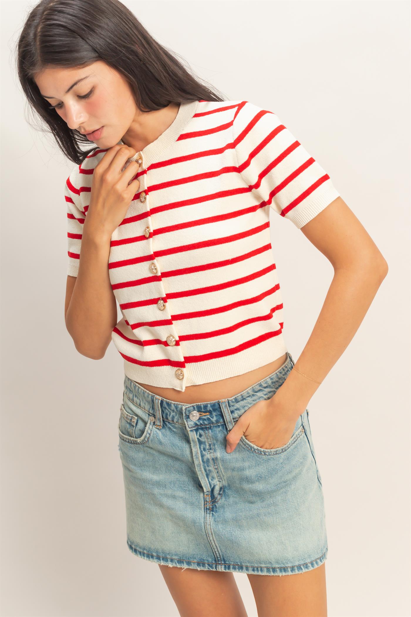 Wholesale Striped Short Sleeve Button Up Cardigan Cardigans DZ26A604 RED DOUBLE ZERO