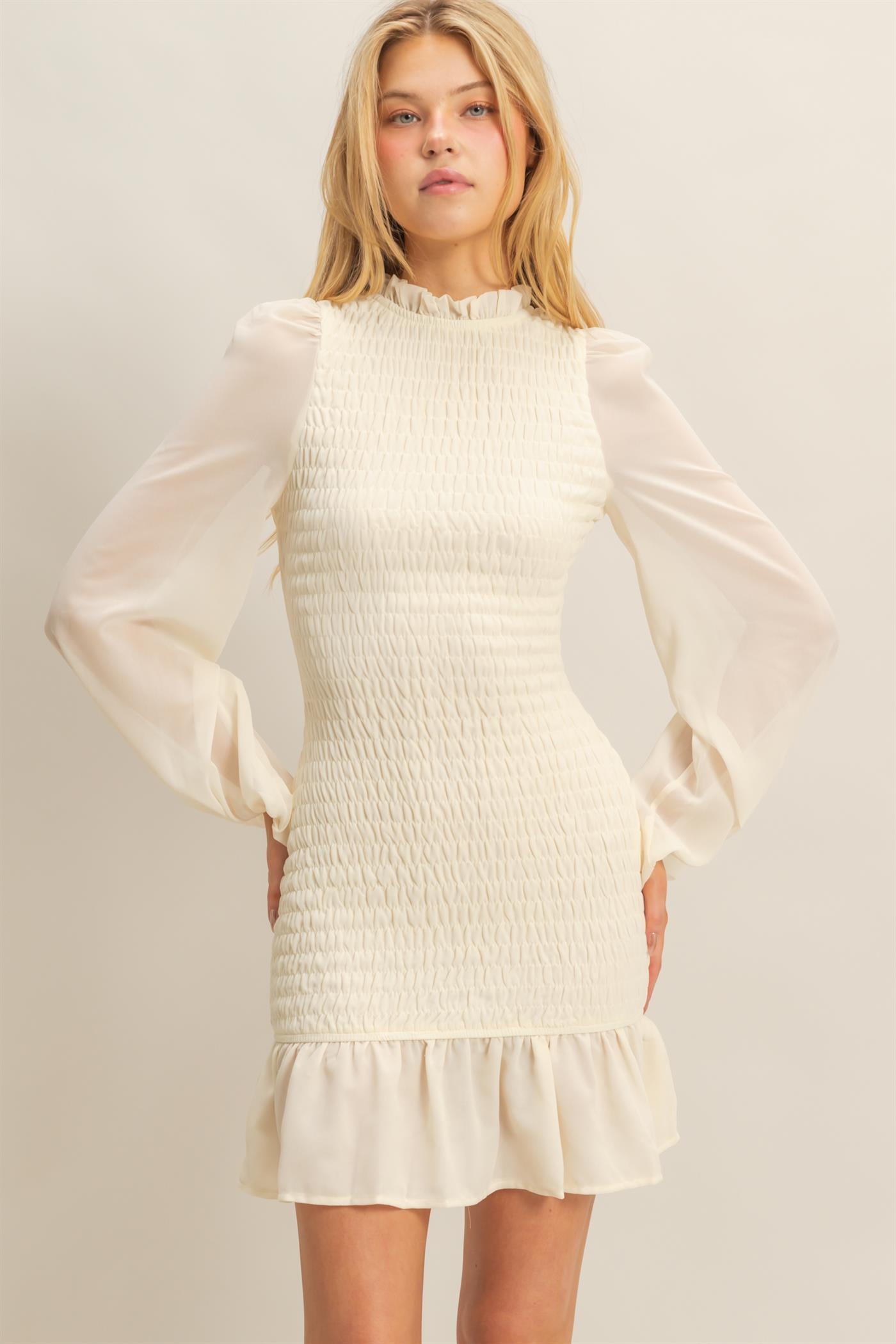 Wholesale Smocked Ruffled Mini Dress Dresses HF23G430 OFF WHITE HYFVE