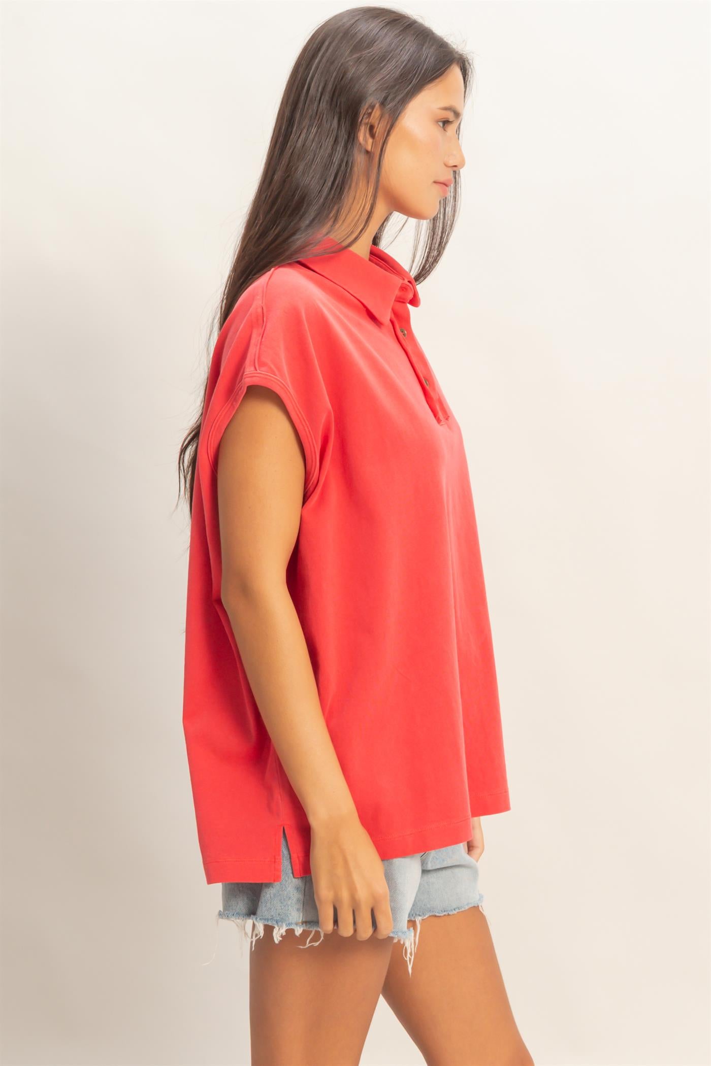 Wholesale Pigment Dye Sleeveless Polo Oversized Top Clothing Tops DZ26C618 RED DOUBLE ZERO