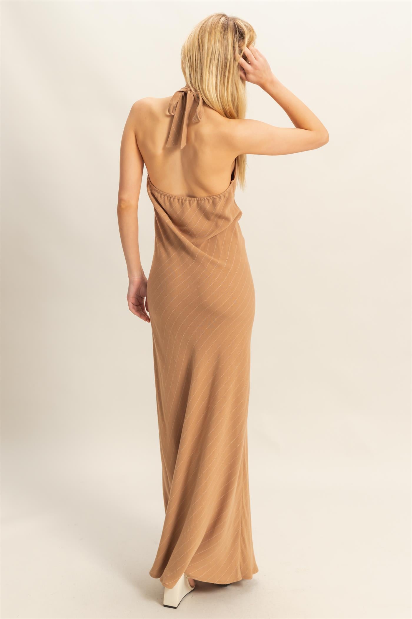 Wholesale Striped Halter Neck Linen Maxi Dress Dresses HF25C373 TAUPE HYFVE