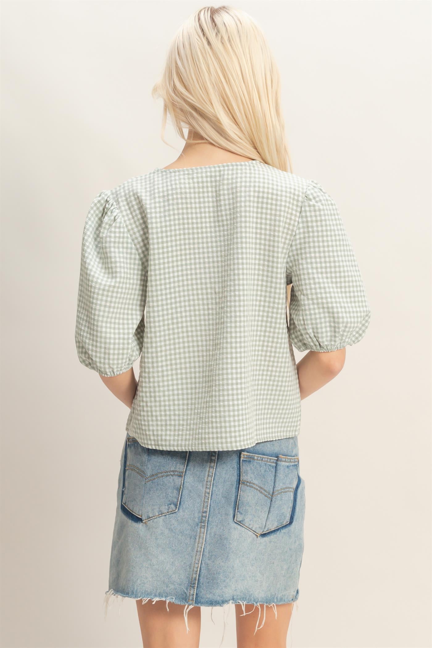 Wholesale Gingham Bow Tie Puff Sleeve Blouse Blouses DZ26C229 SAGE GREEN DOUBLE ZERO