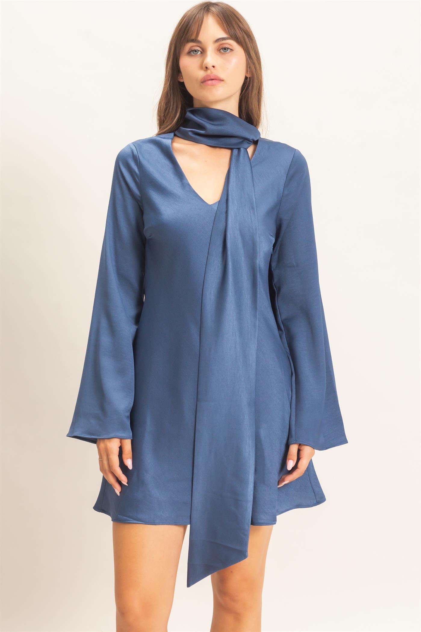 Wholesale Bias Satin Dress With Scarf Dresses HF26E928 MIDNIGHT BLUE HYFVE