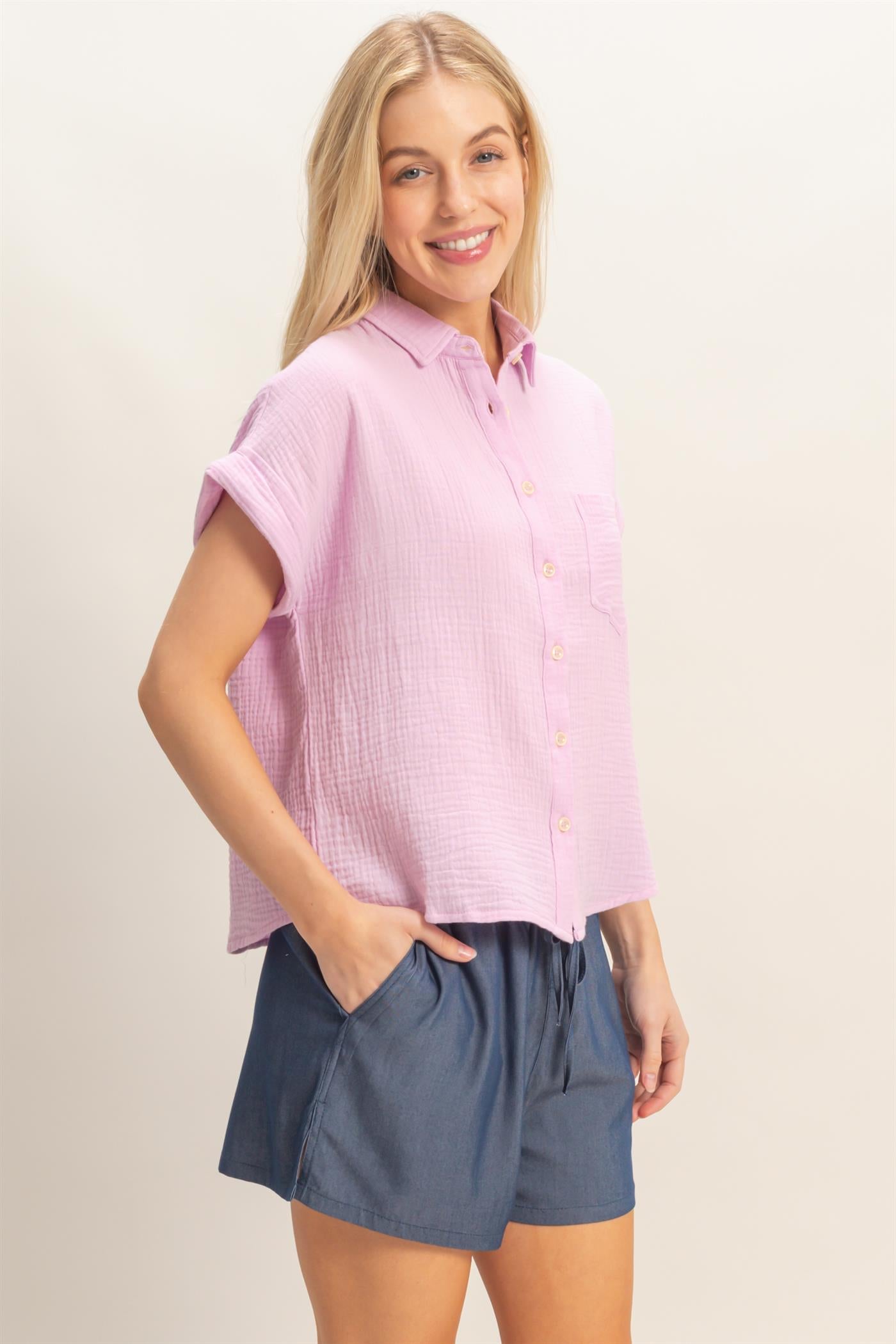 Wholesale Rolled Sleeve Button-Up Top Clothing Tops HF26E526 PINK HYFVE