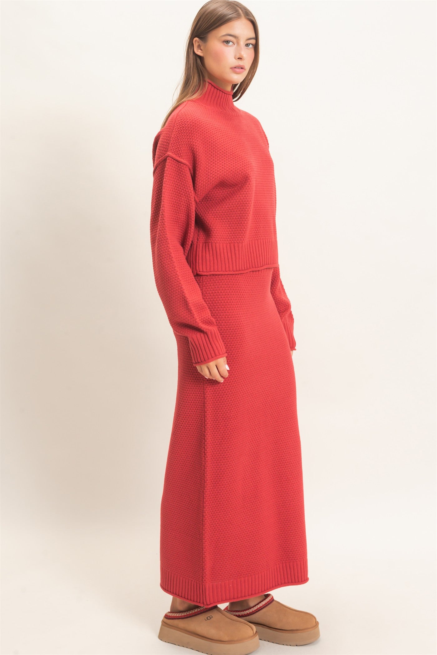 Wholesale High Neck Long Sleeve Top & Maxi Skirt Set Clothing DZ26E272-SET DARK RED DOUBLE ZERO