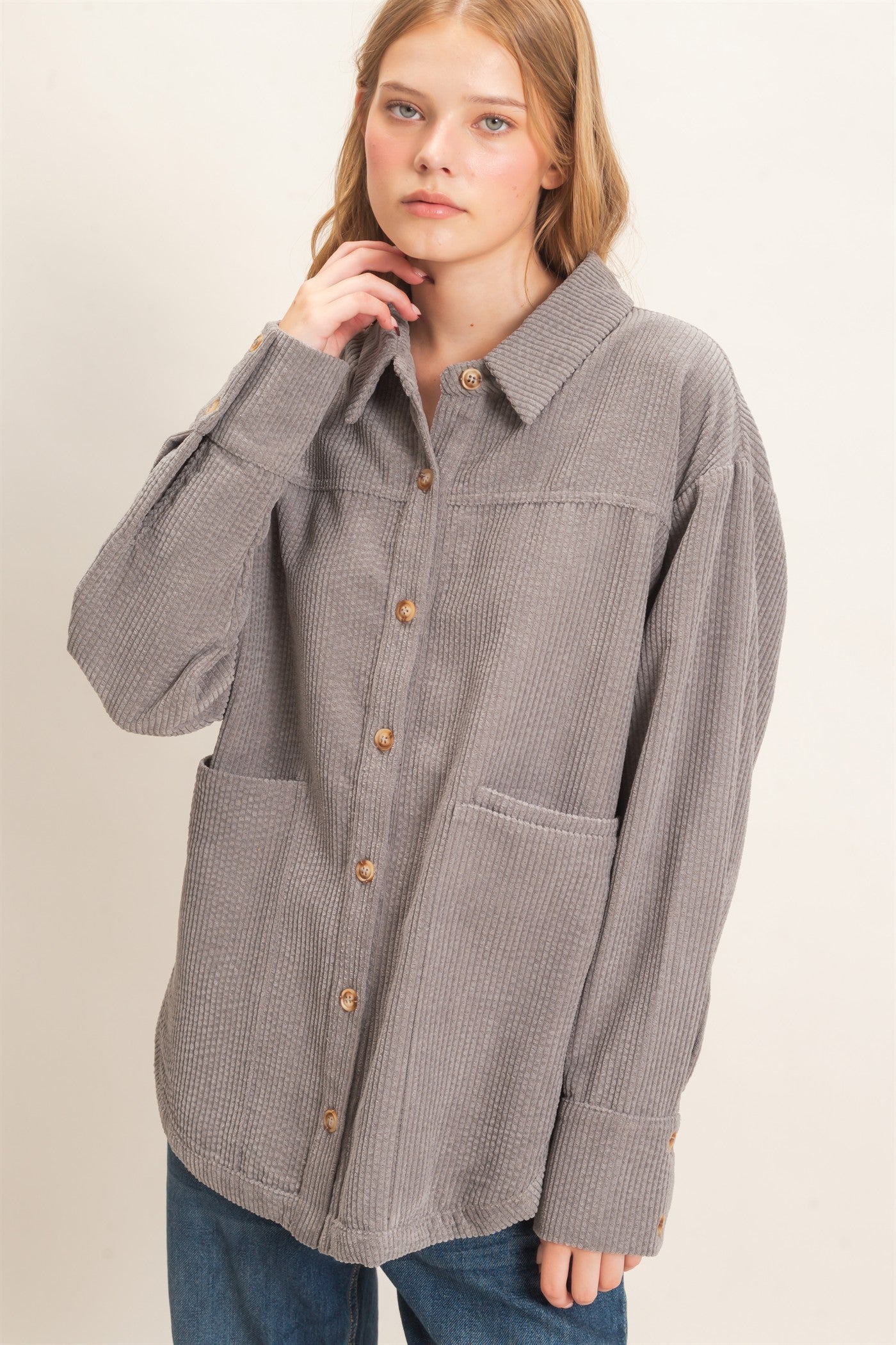 Wholesale Corduroy Button-Up Shirt Outerwear HF26F163 GRAY HYFVE