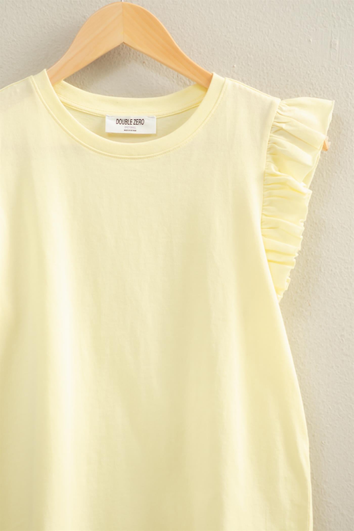 Wholesale Ruffle Cap Sleeve Crew Neck Top Clothing Tops DZ26C070 PALE YELLOW DOUBLE ZERO