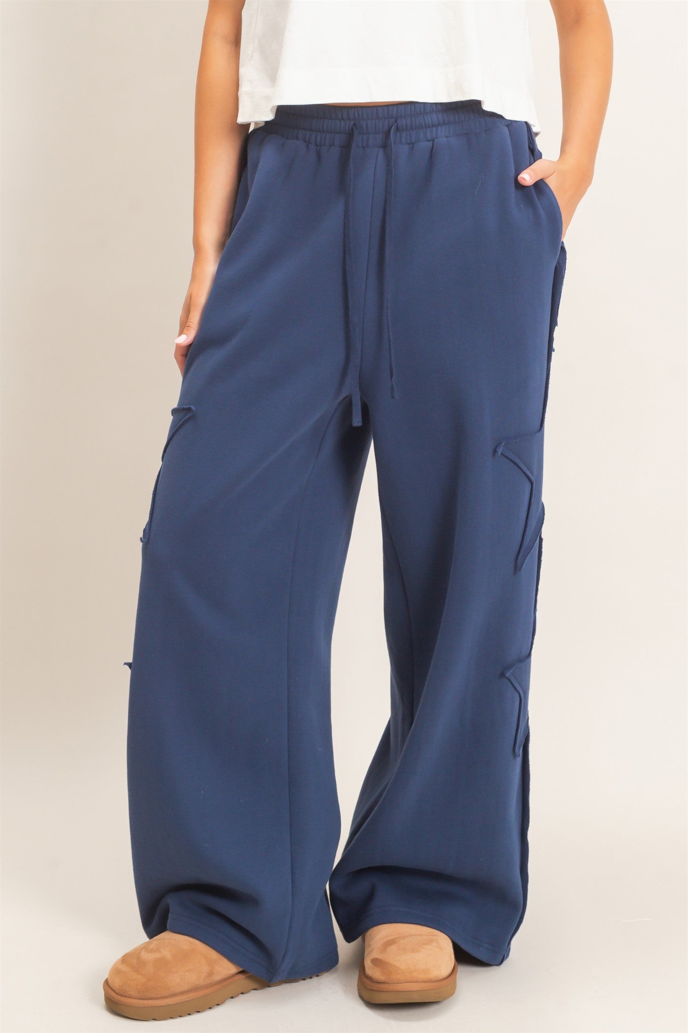 Wholesale French Terry Star Patch Sweatpants Pants DZ27A197 NAVY DOUBLE ZERO