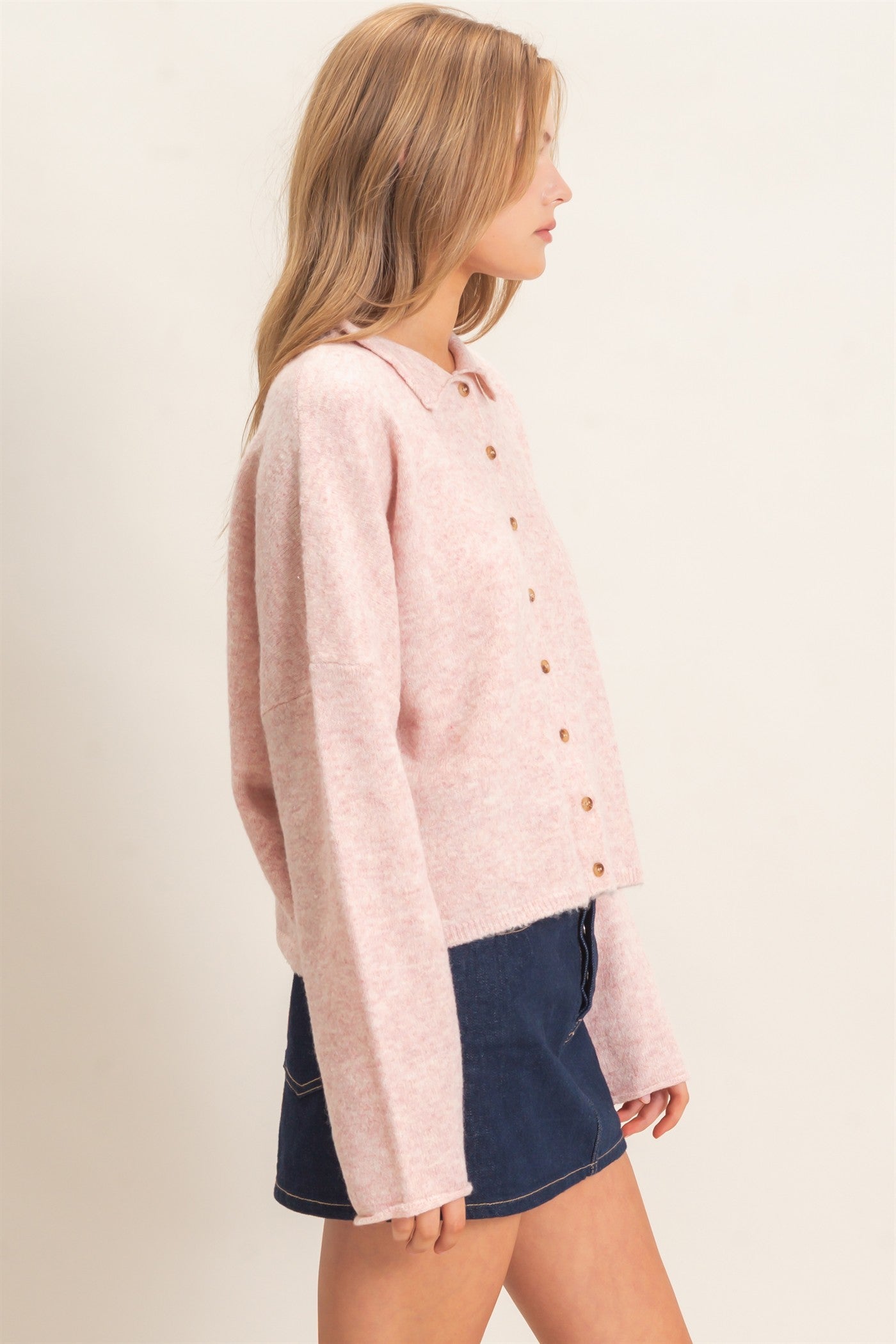Wholesale Button-Up Collared Sweater Cardigan Cardigans HF26E039 LIGHT PINK HYFVE