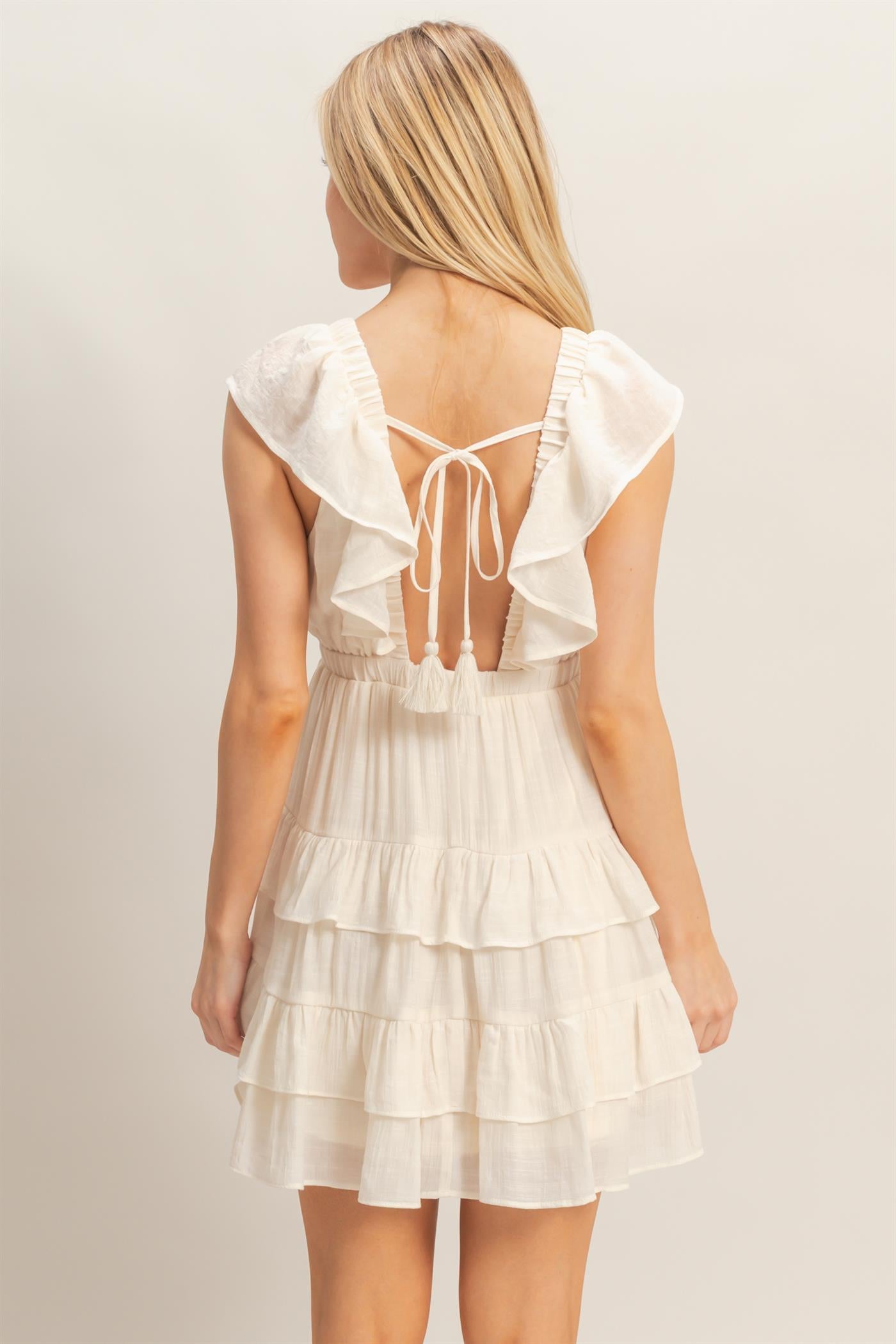 Wholesale Ruffle V-Neck Tiered Mini Dress Dresses HF26C283-D CREAM DOUBLE ZERO