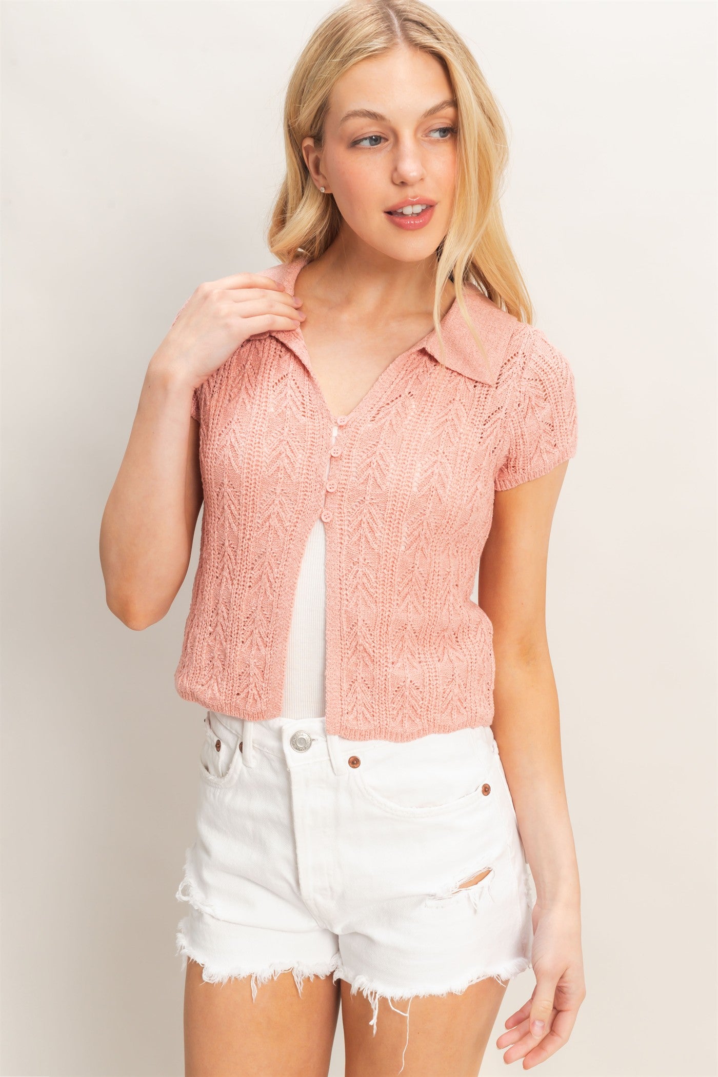 Wholesale Pointelle Knit Collared Cardigan Clothing Tops HF26A856 LIGHT MAUVE HYFVE