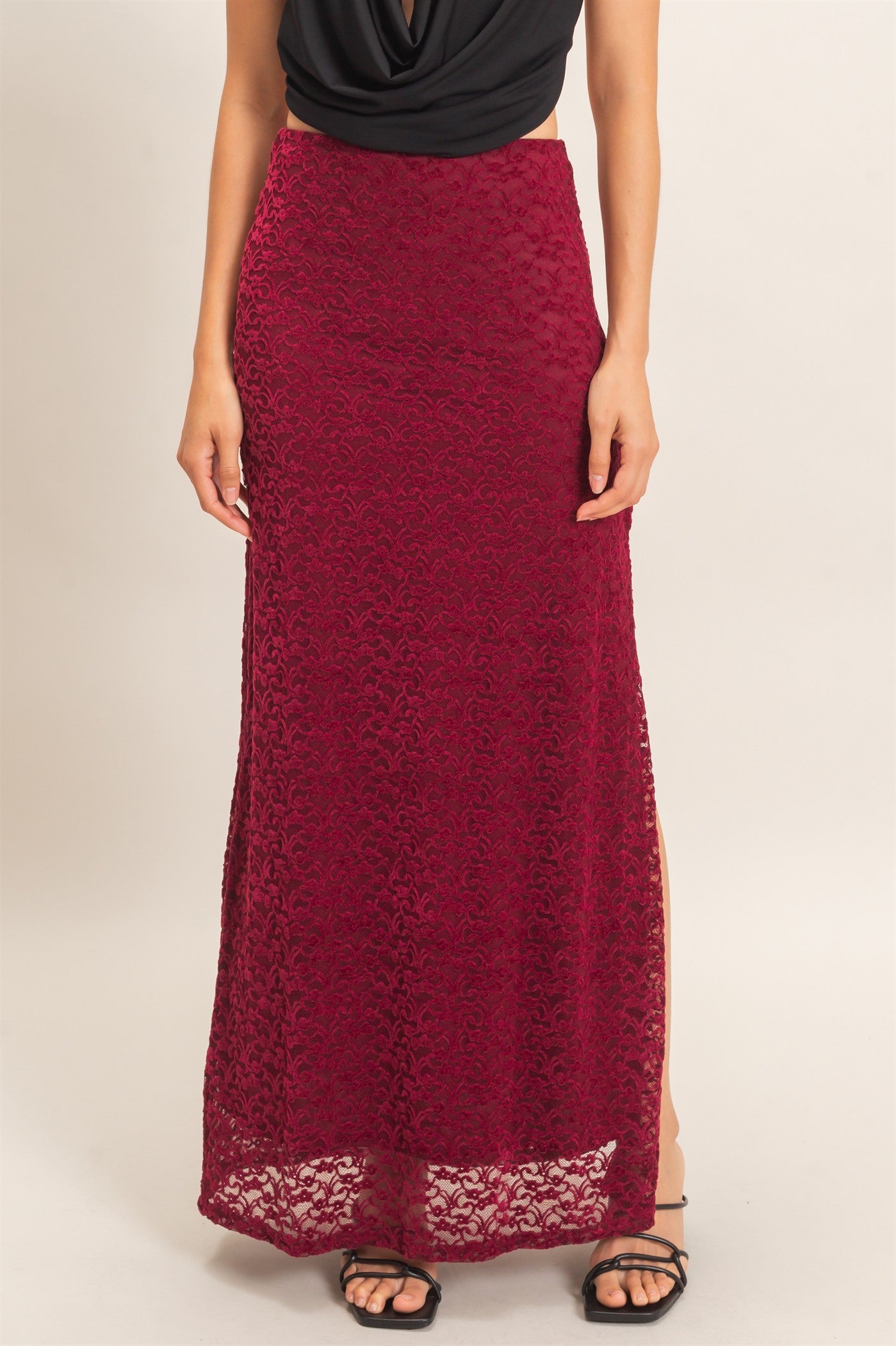 Wholesale Velvet Lace Maxi Skirt Skirts HF26E702 BURGUNDY HYFVE