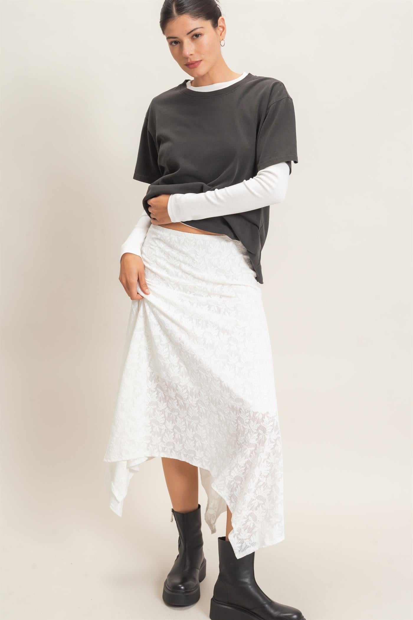 Wholesale Floral Lace Hanky Hem Skirt Skirts HF26E371 OFF WHITE HYFVE