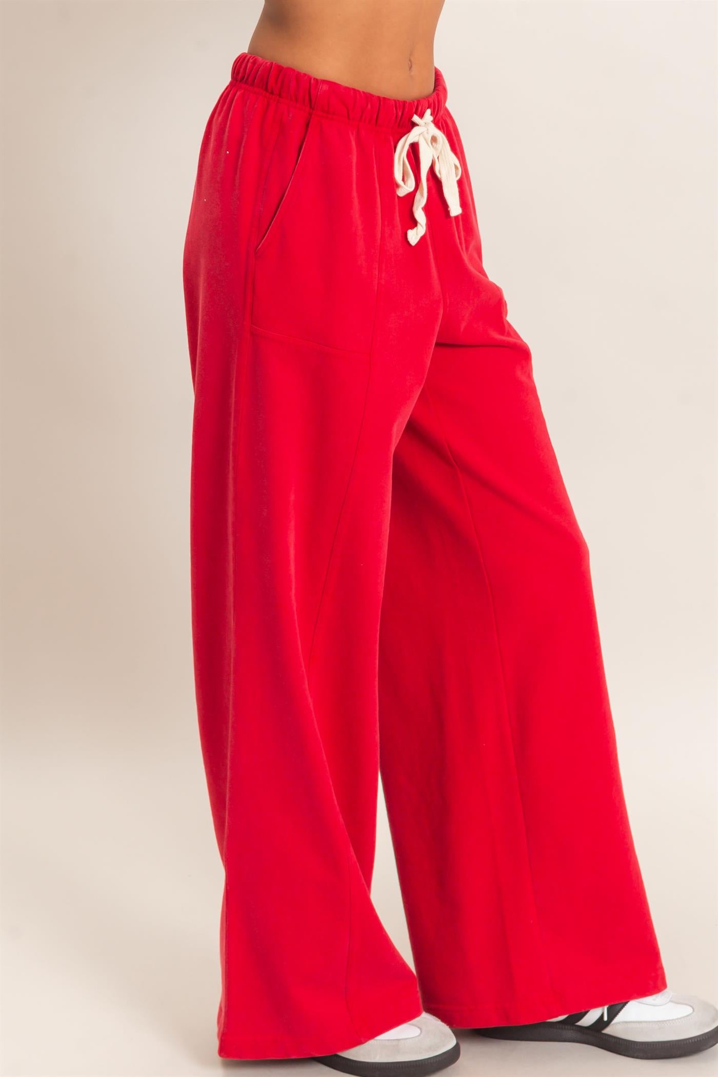 Wholesale Acid Wash Drawstring Waist Wide Leg Pants Pants DZ25A685 RED DOUBLE ZERO