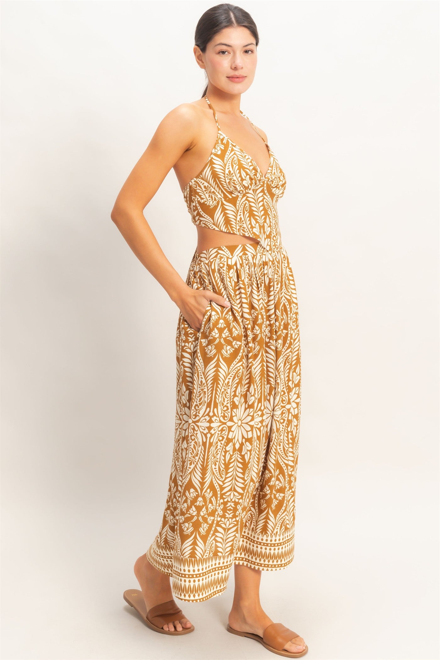 Wholesale Tropical Halter & Skirt Set Clothing HF26A863-SET BROWN HYFVE