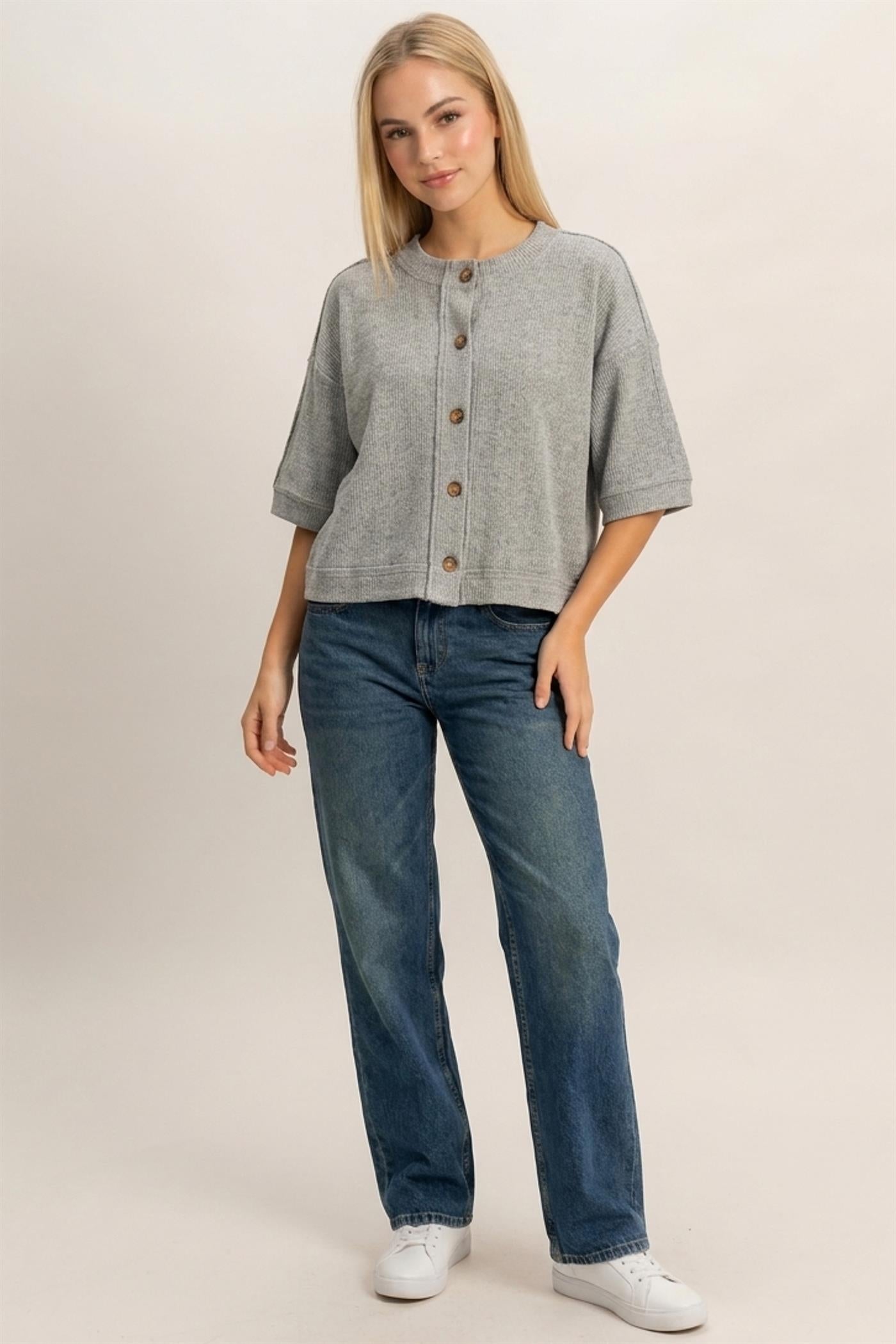 Wholesale Button-Down Short Sleeve Waffle Top Clothing Tops DZ26F244 HEATHER GRAY DOUBLE ZERO