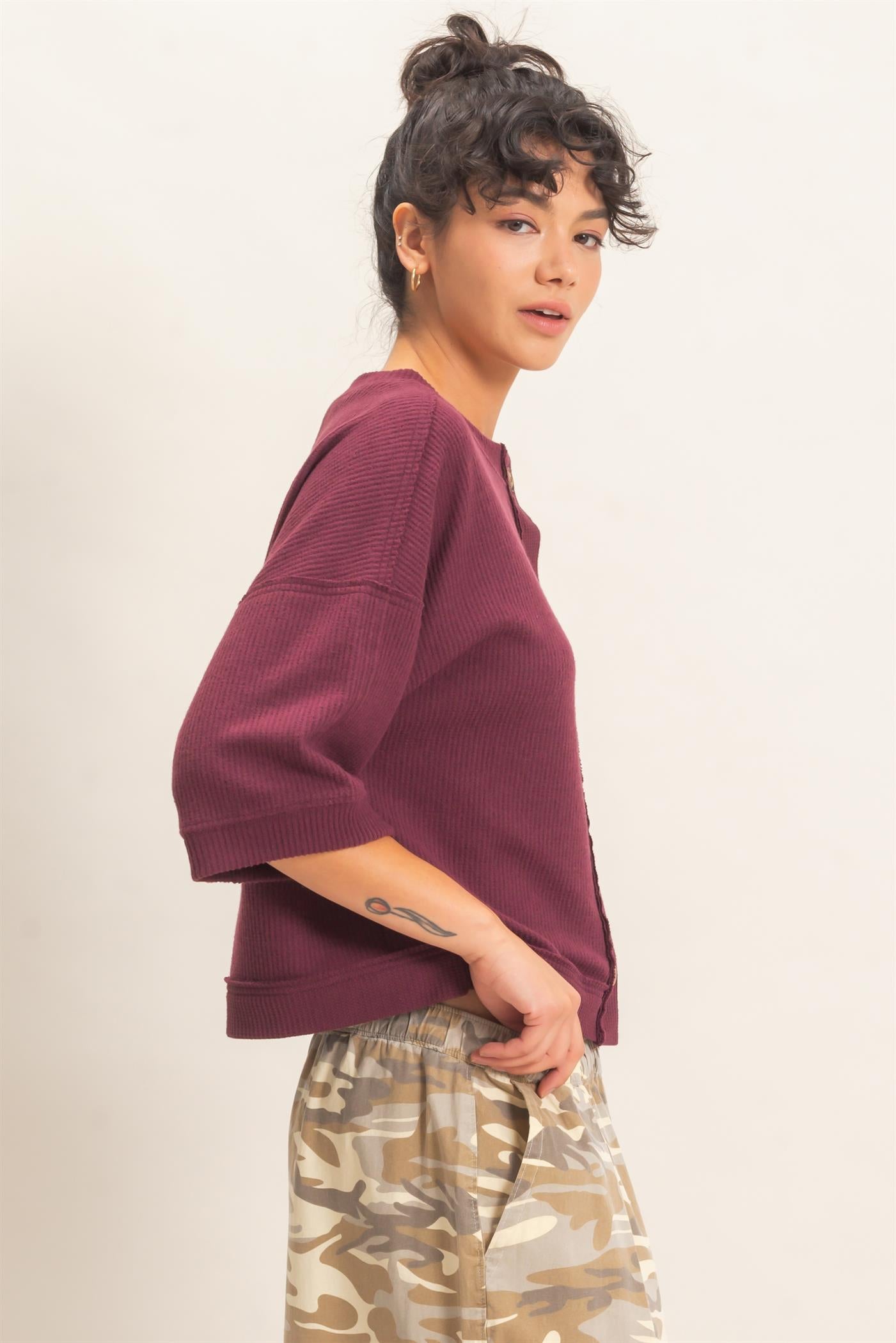 Wholesale Button-Down Short Sleeve Waffle Top Clothing Tops DZ26F244 DARK CHERRY DOUBLE ZERO